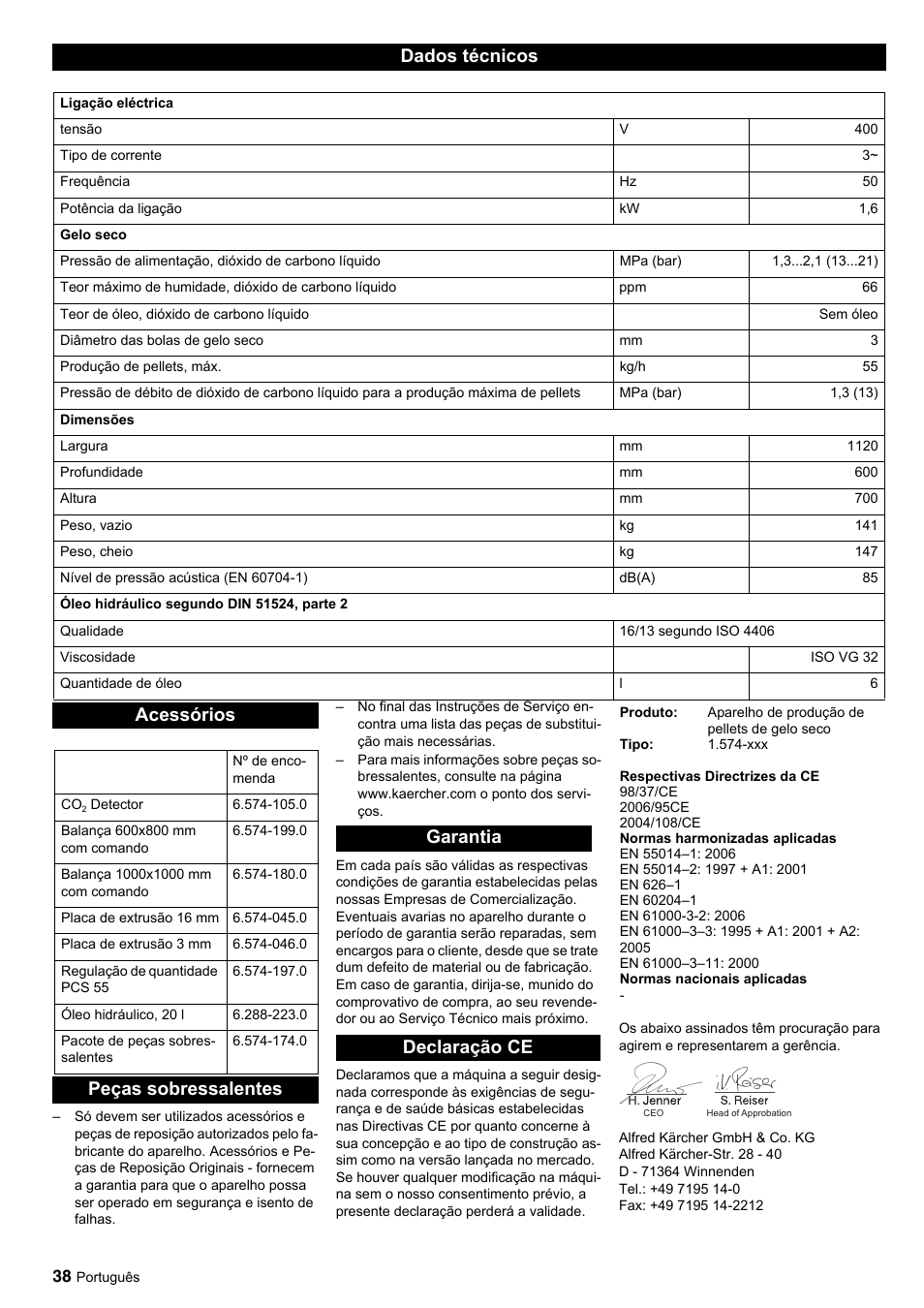 Dados técnicos, Acessórios, Peças sobressalentes garantia declaração ce | Karcher IP 55 User Manual | Page 38 / 117