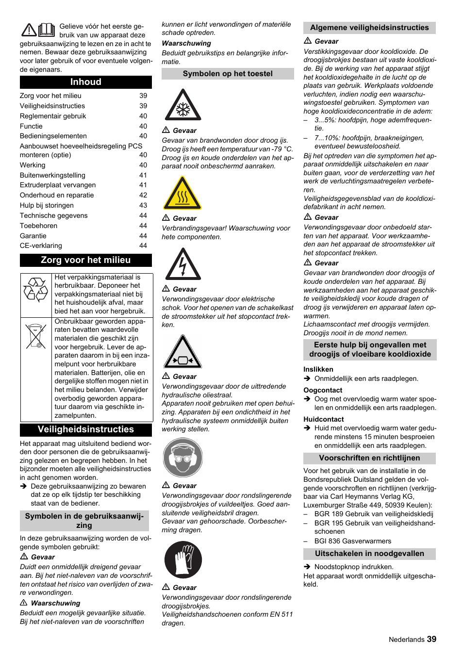 Inhoud zorg voor het milieu, Veiligheidsinstructies | Karcher IP 55 User Manual | Page 39 / 117