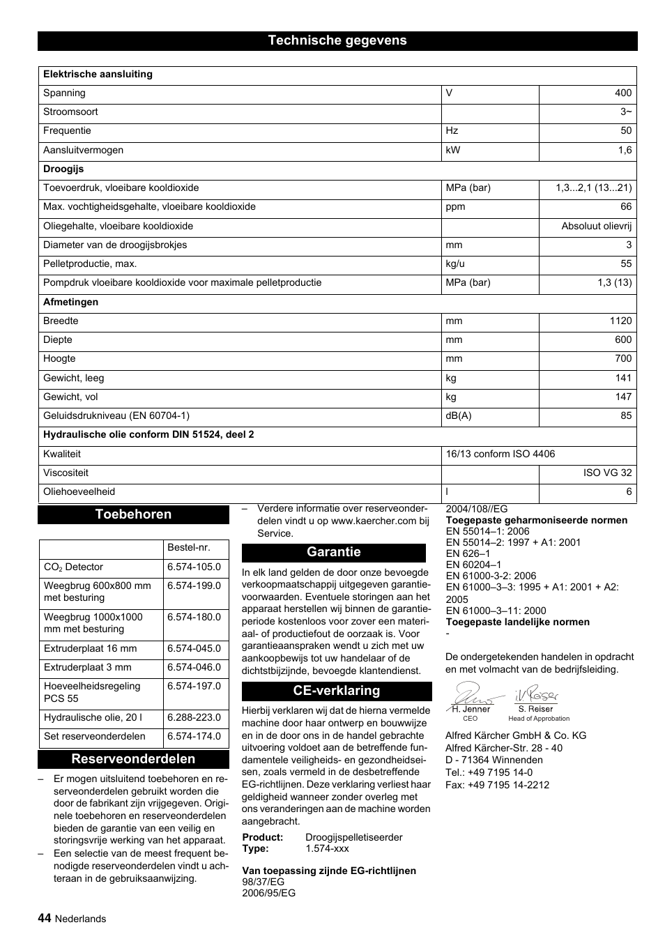 Technische gegevens, Toebehoren, Reserveonderdelen garantie ce-verklaring | Karcher IP 55 User Manual | Page 44 / 117