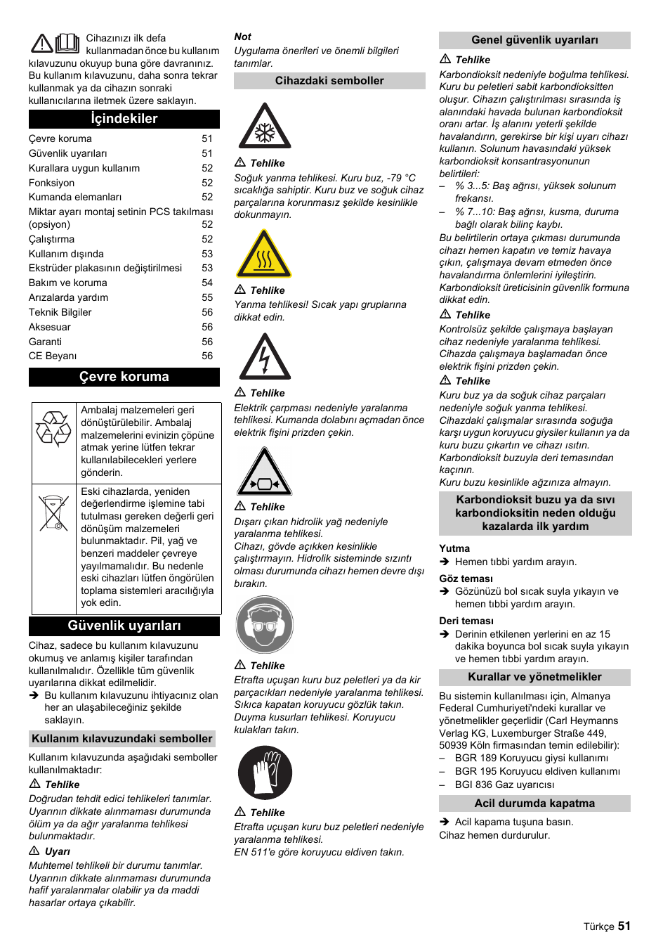 Içindekiler çevre koruma, Güvenlik uyarıları | Karcher IP 55 User Manual | Page 51 / 117