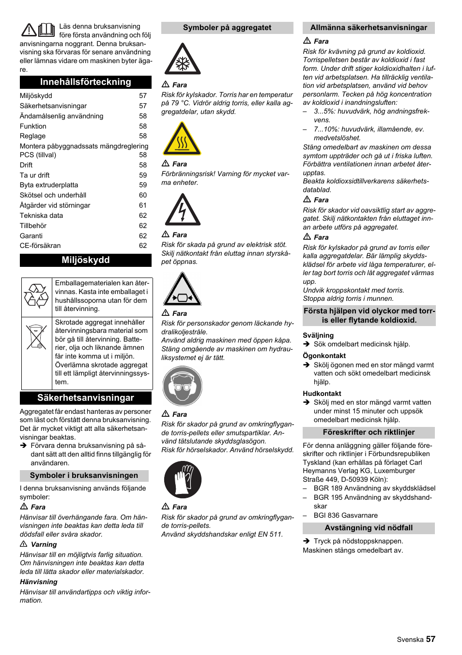 Innehållsförteckning miljöskydd, Säkerhetsanvisningar | Karcher IP 55 User Manual | Page 57 / 117