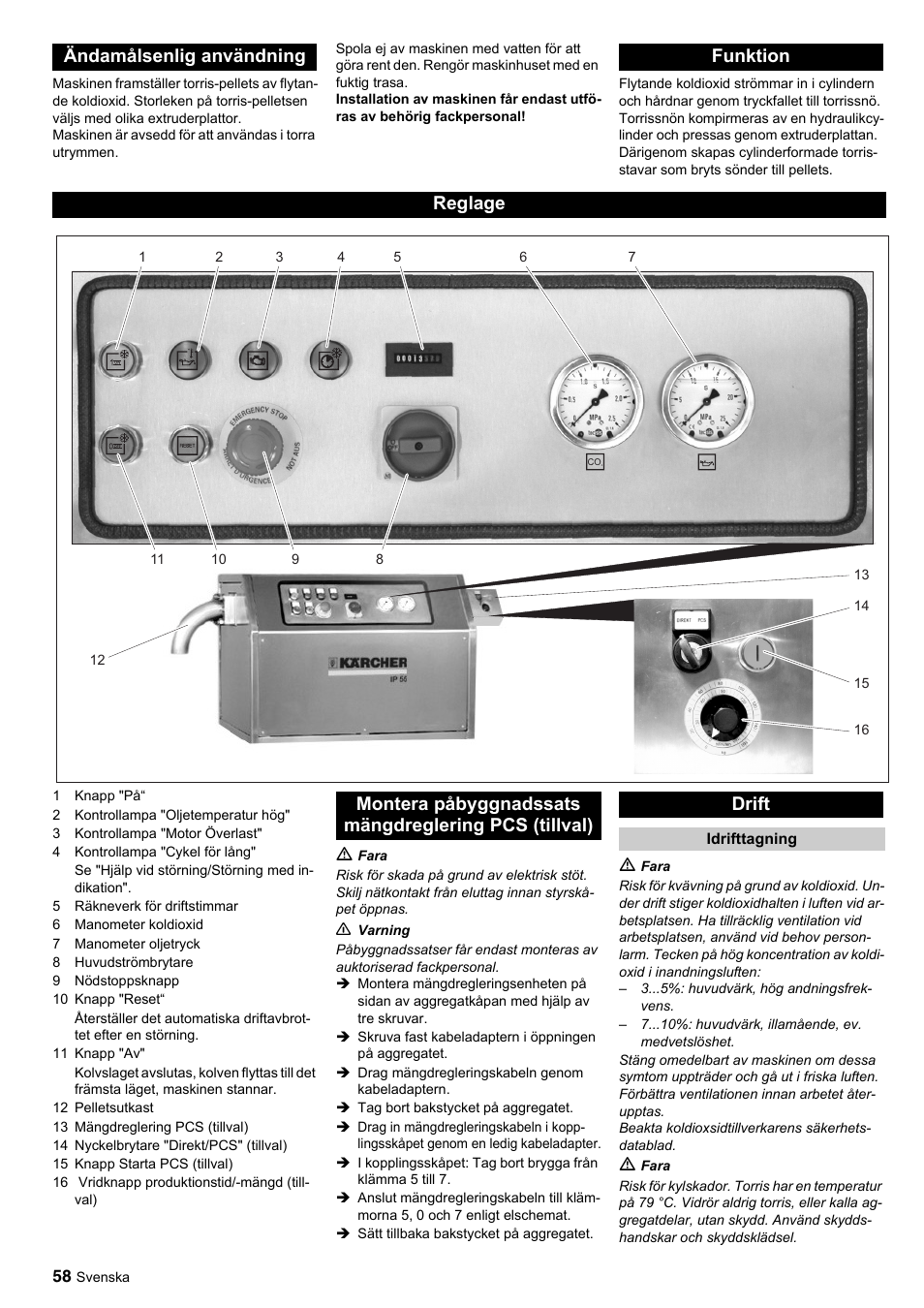 Ändamålsenlig användning funktion reglage | Karcher IP 55 User Manual | Page 58 / 117