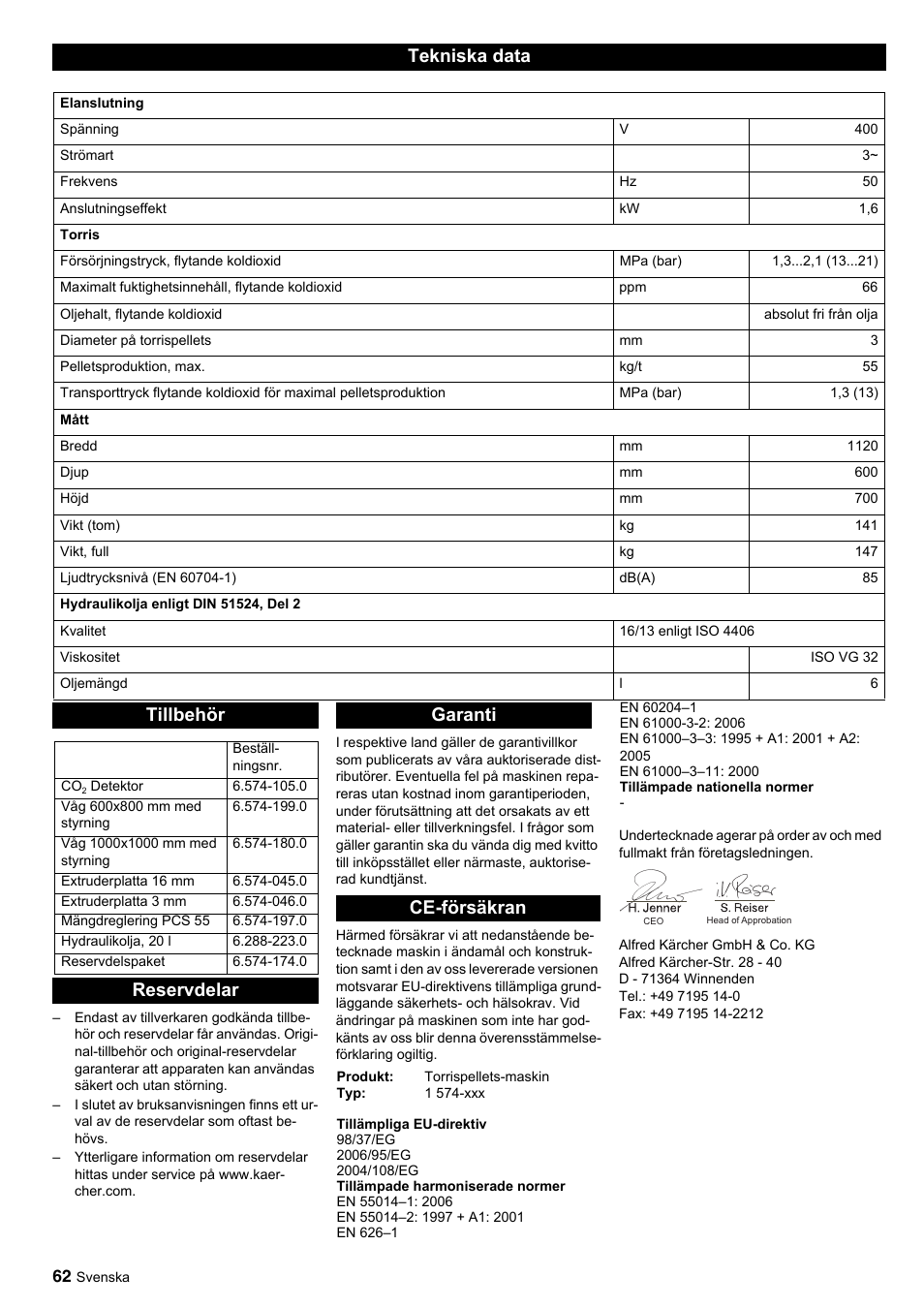Tekniska data, Tillbehör, Reservdelar garanti ce-försäkran | Karcher IP 55 User Manual | Page 62 / 117