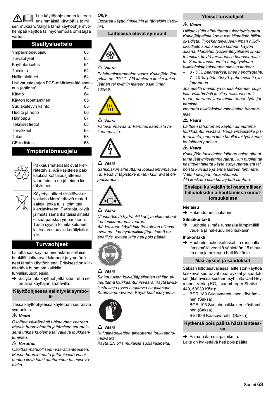 Sisällysluettelo ympäristönsuojelu, Turvaohjeet | Karcher IP 55 User Manual | Page 63 / 117