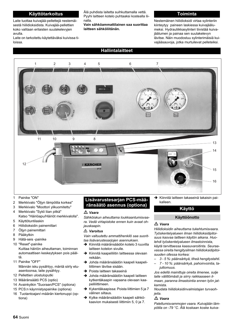 Käyttötarkoitus toiminta hallintalaitteet | Karcher IP 55 User Manual | Page 64 / 117