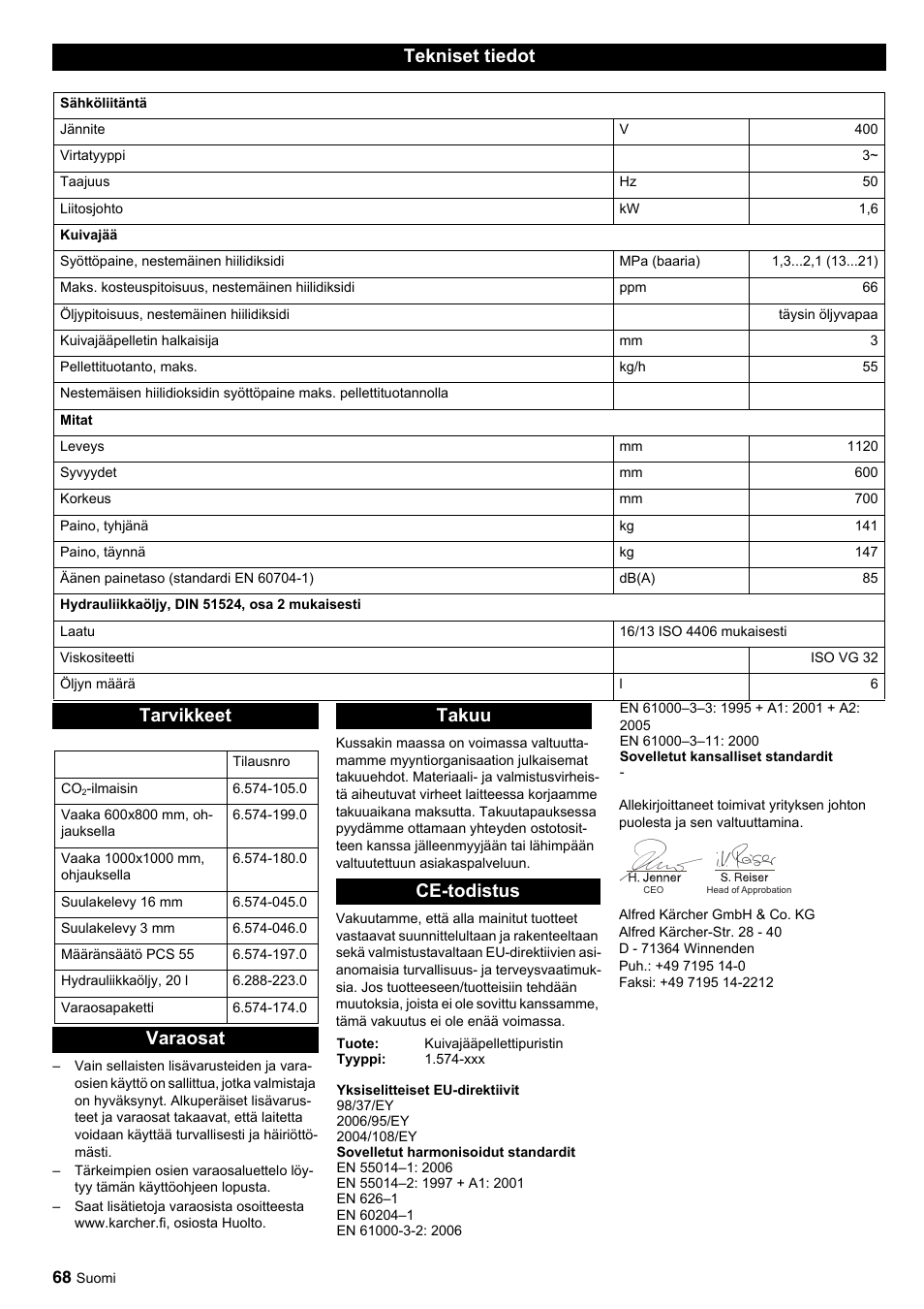 Tekniset tiedot, Tarvikkeet, Varaosat takuu ce-todistus | Karcher IP 55 User Manual | Page 68 / 117