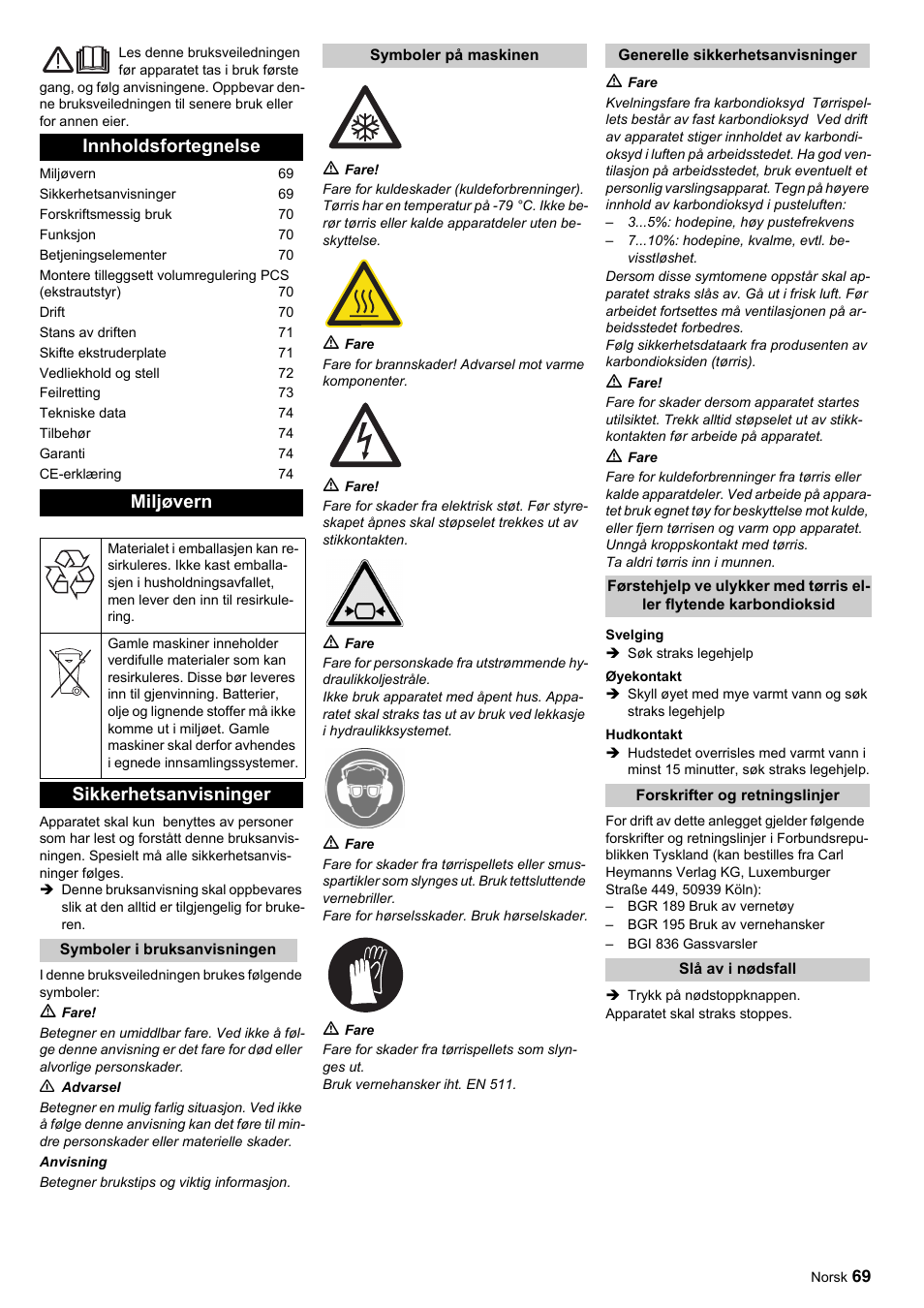Innholdsfortegnelse miljøvern, Sikkerhetsanvisninger | Karcher IP 55 User Manual | Page 69 / 117