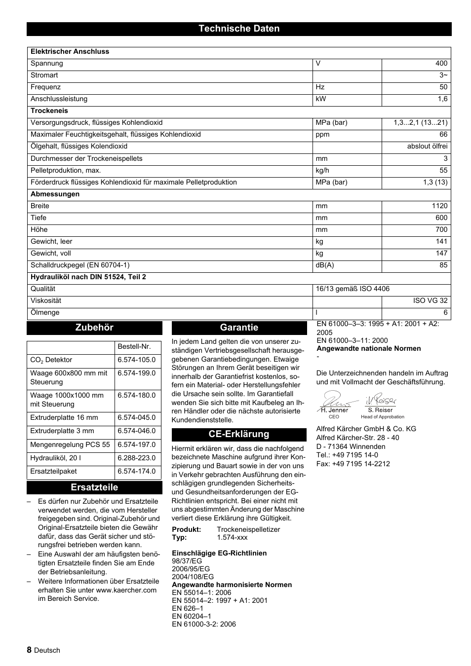 Technische daten, Zubehör, Ersatzteile garantie ce-erklärung | Karcher IP 55 User Manual | Page 8 / 117