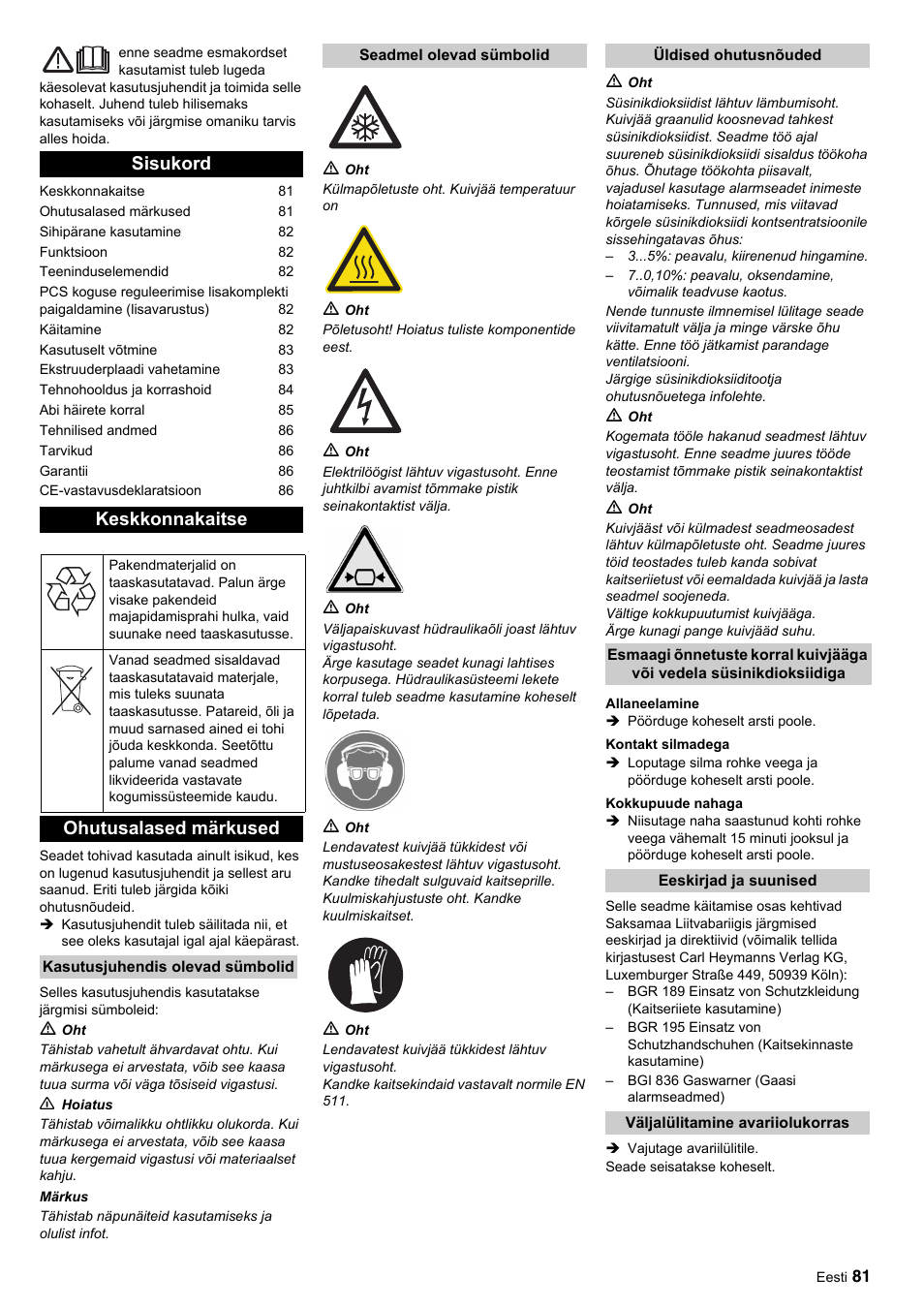Sisukord keskkonnakaitse, Ohutusalased märkused | Karcher IP 55 User Manual | Page 81 / 117