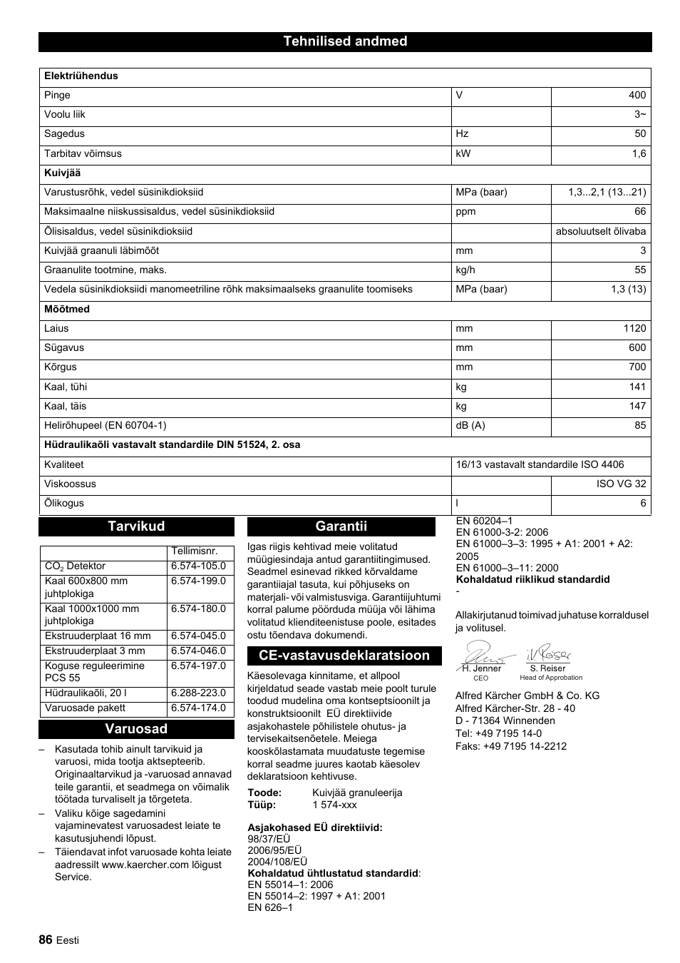 Tehnilised andmed, Tarvikud, Varuosad garantii ce-vastavusdeklaratsioon | Karcher IP 55 User Manual | Page 86 / 117