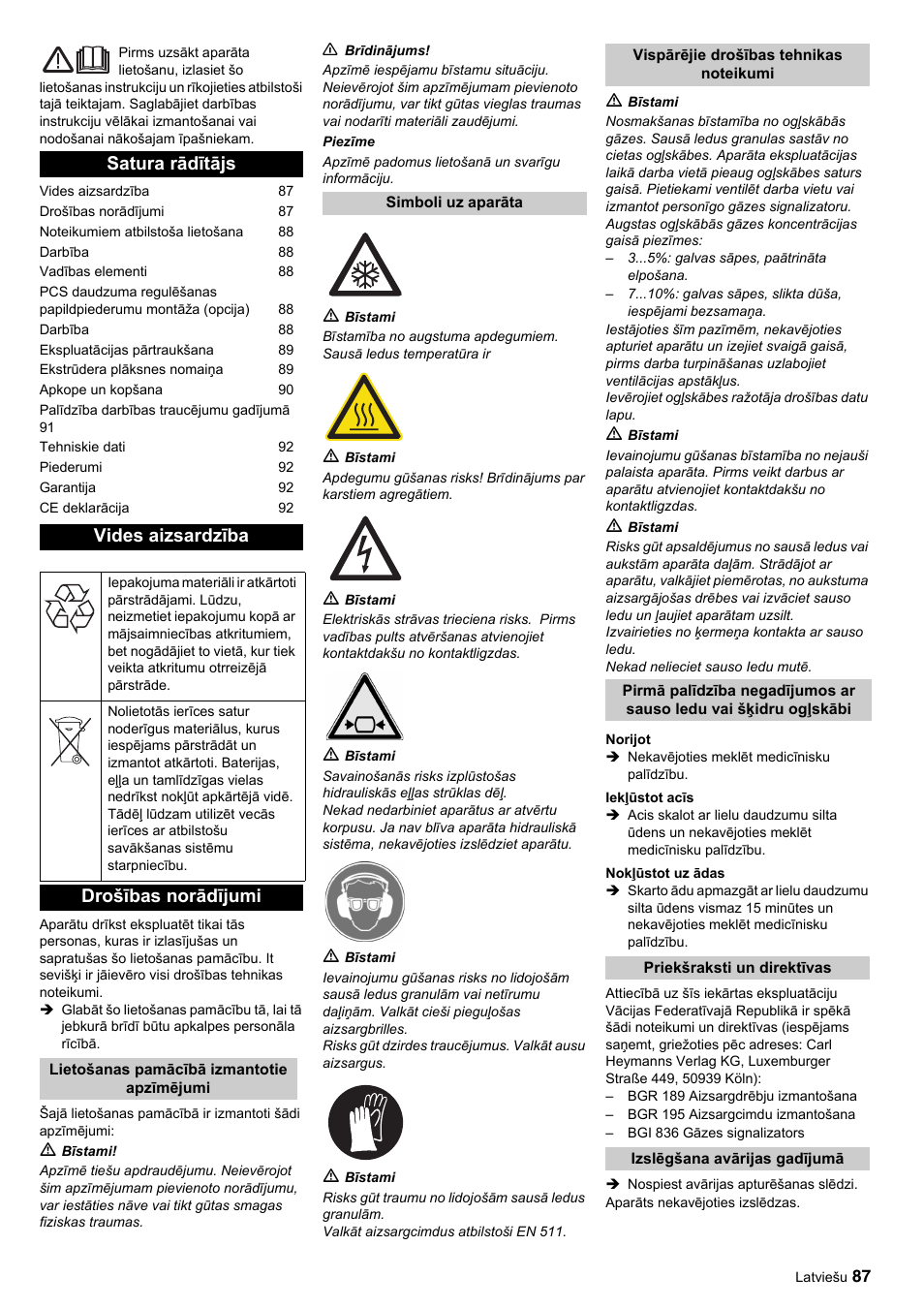 Satura rādītājs vides aizsardzība, Drošības norādījumi | Karcher IP 55 User Manual | Page 87 / 117