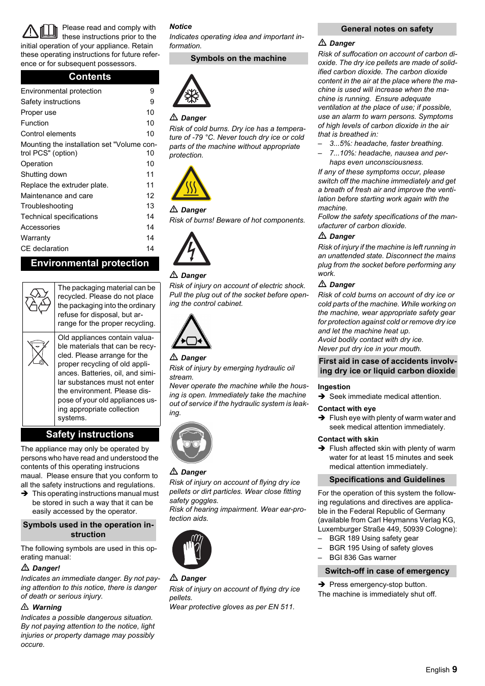 Contents environmental protection, Safety instructions | Karcher IP 55 User Manual | Page 9 / 117