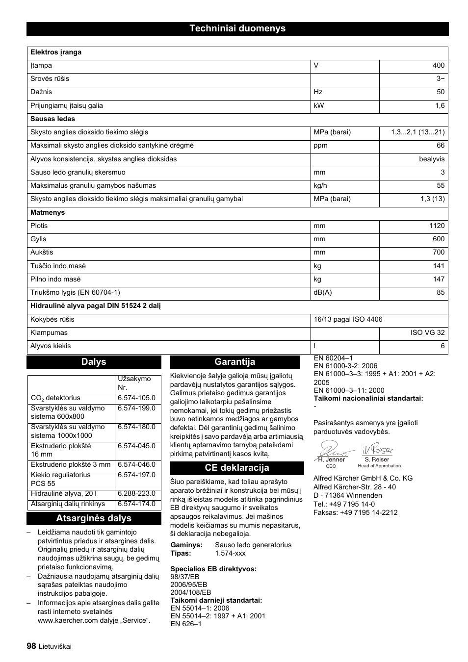 Techniniai duomenys, Dalys, Atsarginės dalys garantija ce deklaracija | Karcher IP 55 User Manual | Page 98 / 117