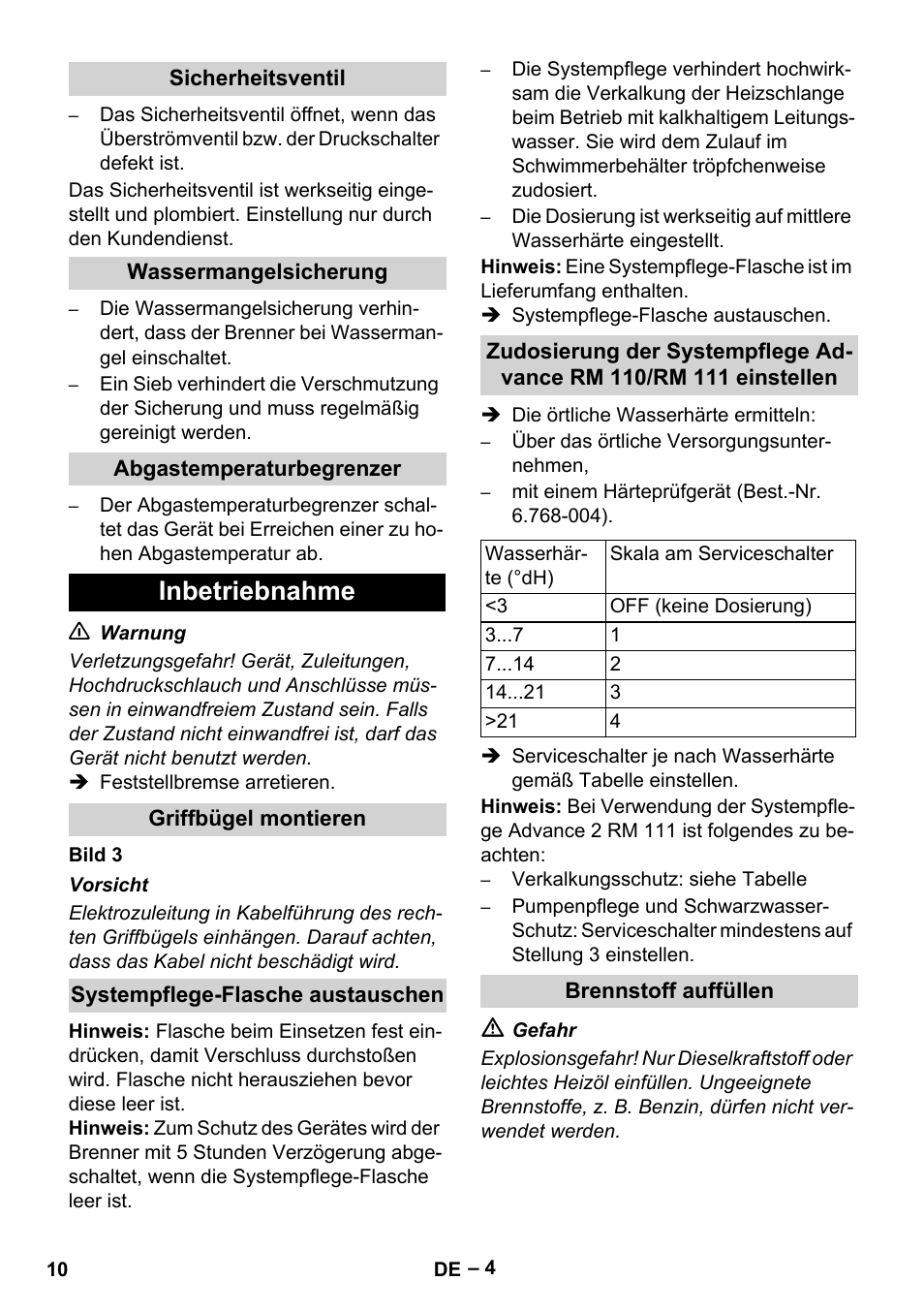 Sicherheitsventil, Wassermangelsicherung, Abgastemperaturbegrenzer | Inbetriebnahme, Griffbügel montieren, Systempflege-flasche austauschen, Brennstoff auffüllen | Karcher HDS 13-20-4 SX User Manual | Page 10 / 472