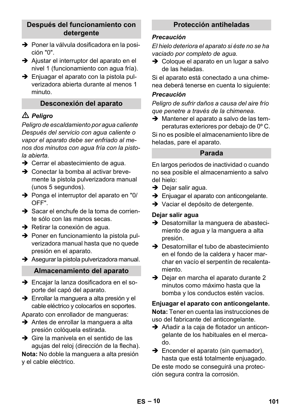 Después del funcionamiento con detergente, Desconexión del aparato, Almacenamiento del aparato | Protección antiheladas, Parada, Dejar salir agua, Enjuagar el aparato con anticongelante | Karcher HDS 13-20-4 SX User Manual | Page 101 / 472