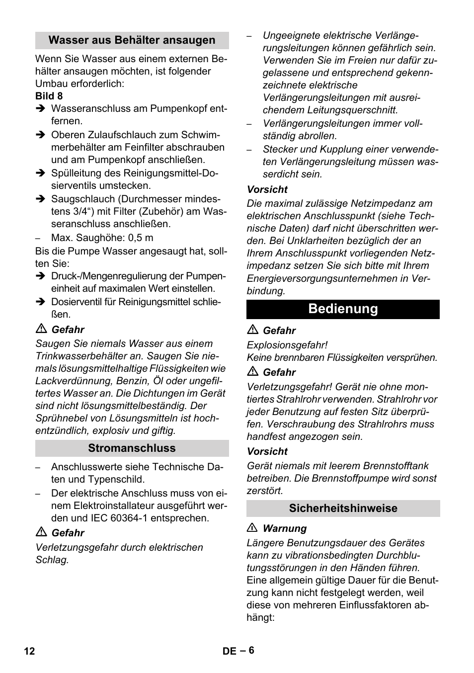 Wasser aus behälter ansaugen, Stromanschluss, Bedienung | Sicherheitshinweise | Karcher HDS 13-20-4 SX User Manual | Page 12 / 472