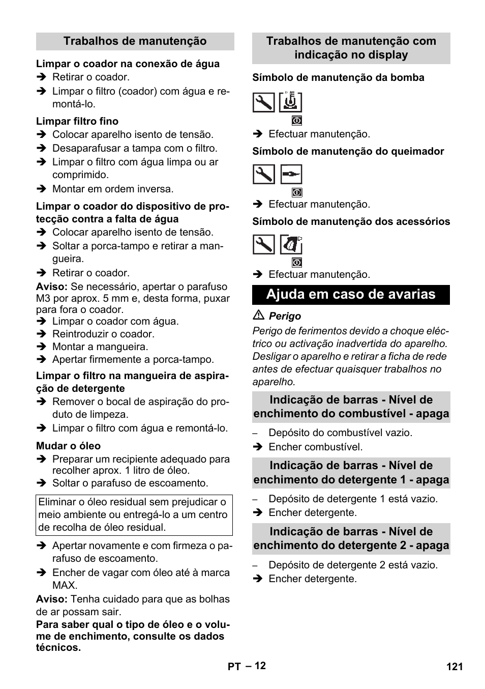 Trabalhos de manutenção, Limpar o coador na conexão de água, Limpar filtro fino | Mudar o óleo, Trabalhos de manutenção com indicação no display, Símbolo de manutenção da bomba, Símbolo de manutenção do queimador, Símbolo de manutenção dos acessórios, Ajuda em caso de avarias | Karcher HDS 13-20-4 SX User Manual | Page 121 / 472