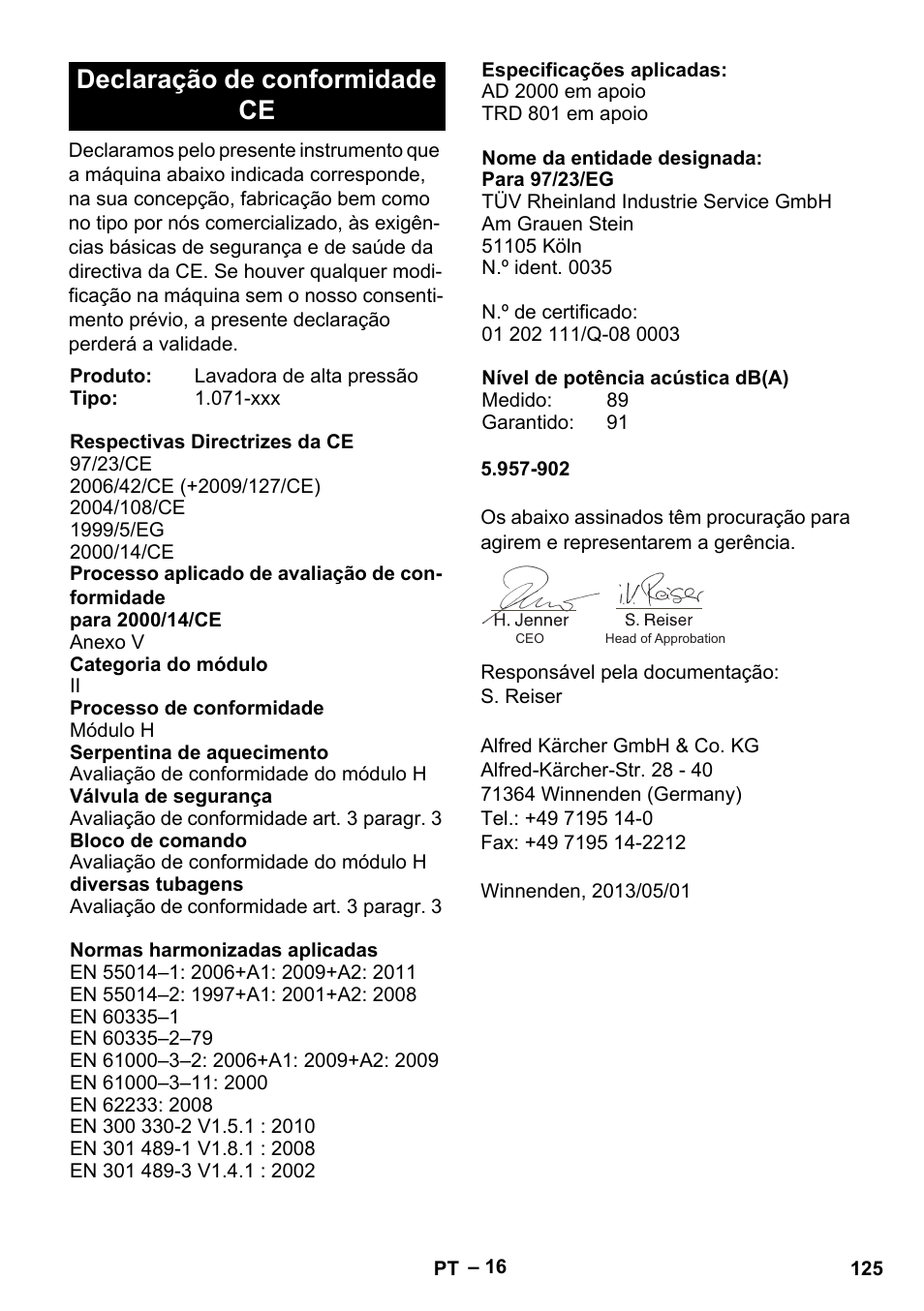 Declaração de conformidade ce | Karcher HDS 13-20-4 SX User Manual | Page 125 / 472