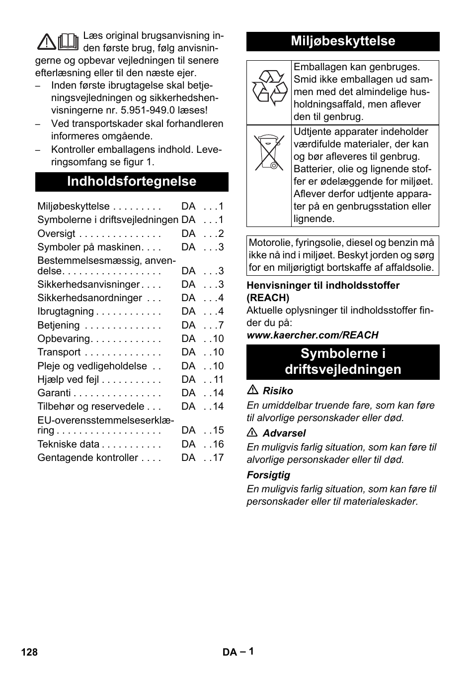 Dansk, Indholdsfortegnelse, Miljøbeskyttelse | Symbolerne i driftsvejledningen | Karcher HDS 13-20-4 SX User Manual | Page 128 / 472