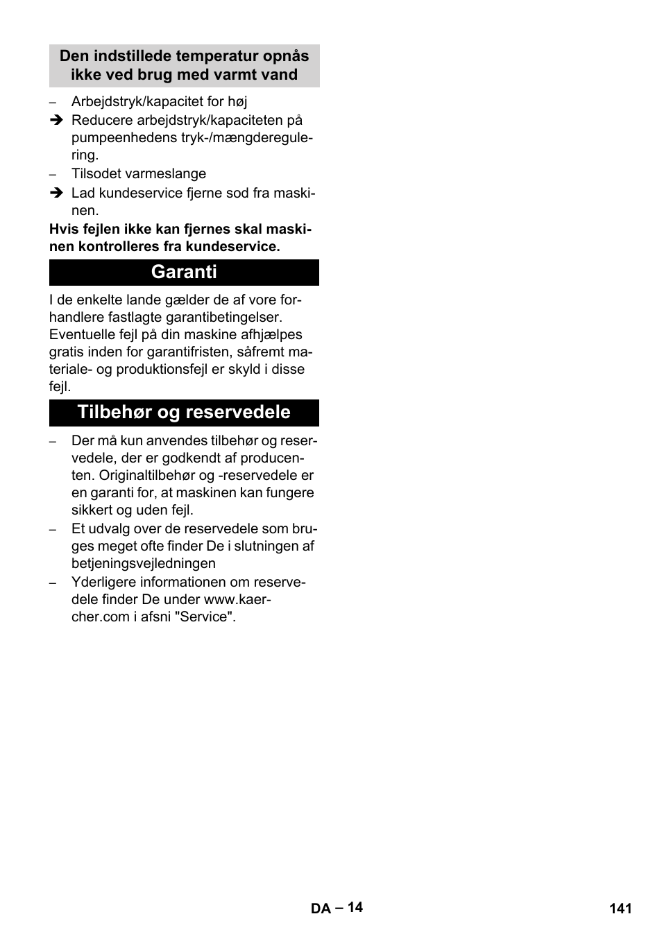 Garanti, Tilbehør og reservedele, Garanti tilbehør og reservedele | Karcher HDS 13-20-4 SX User Manual | Page 141 / 472