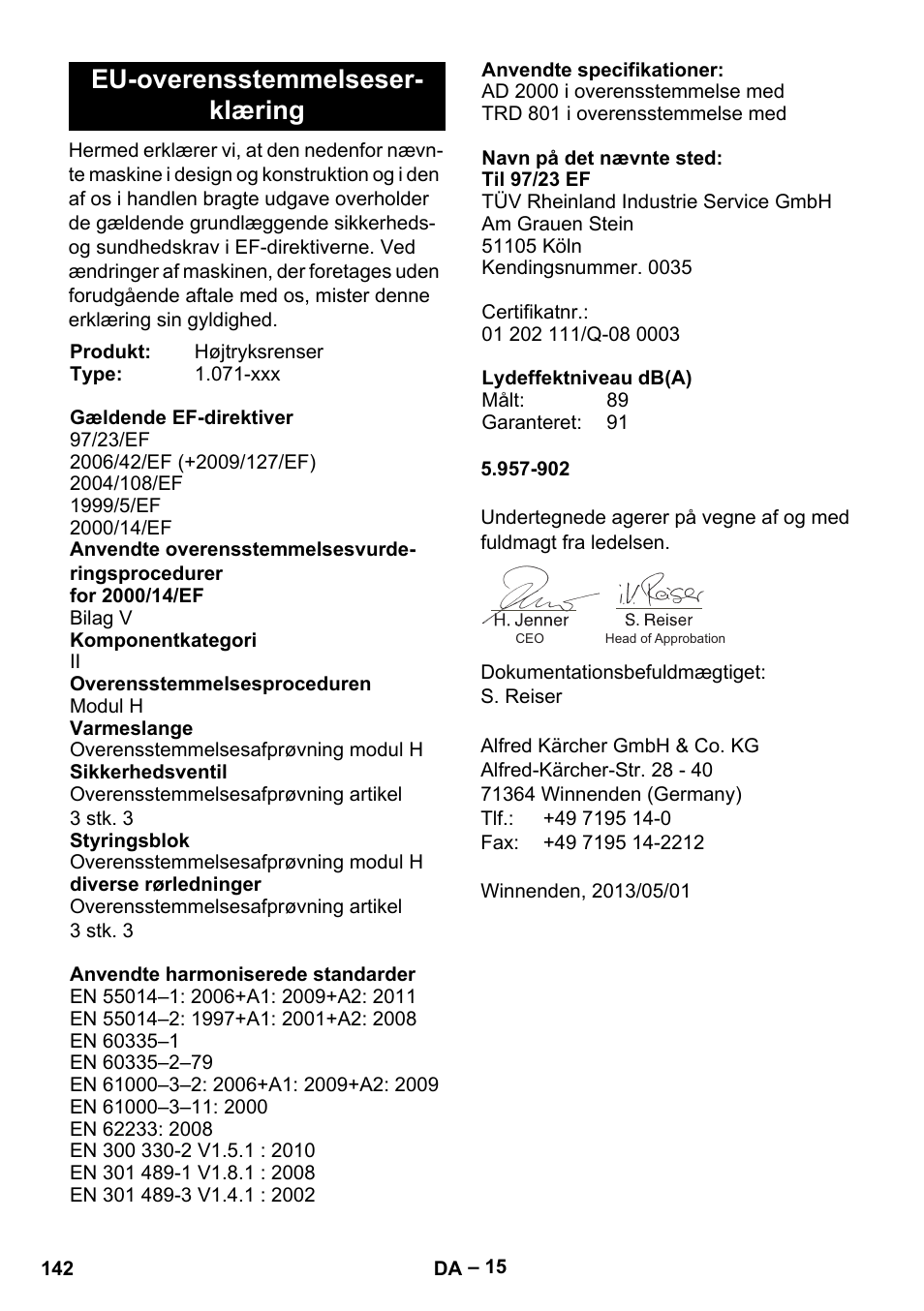 Eu-overensstemmelseserklæring, Eu-overensstemmelseser- klæring | Karcher HDS 13-20-4 SX User Manual | Page 142 / 472