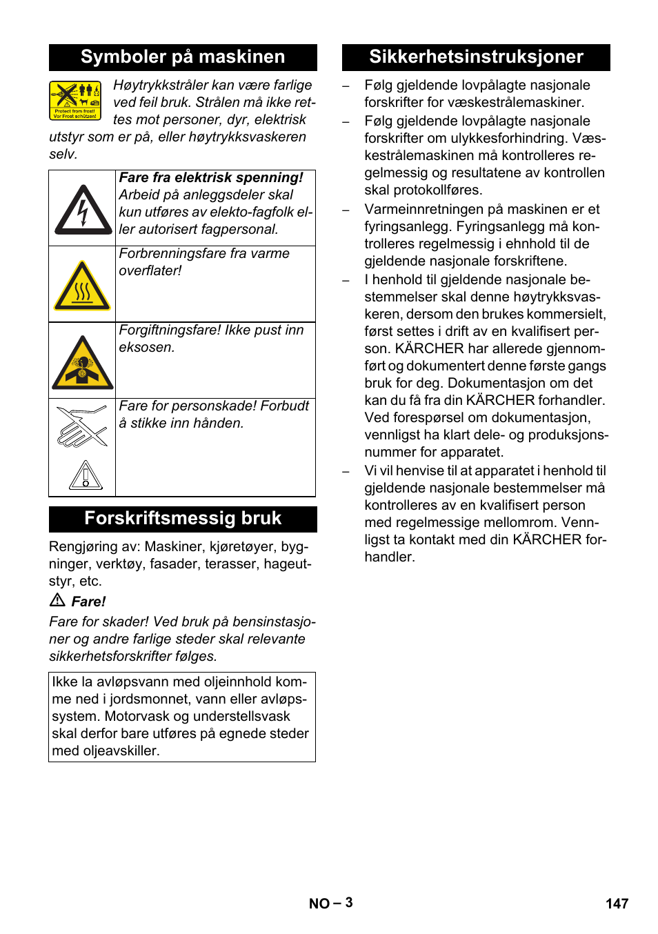 Symboler på maskinen, Forskriftsmessig bruk, Sikkerhetsinstruksjoner | Karcher HDS 13-20-4 SX User Manual | Page 147 / 472