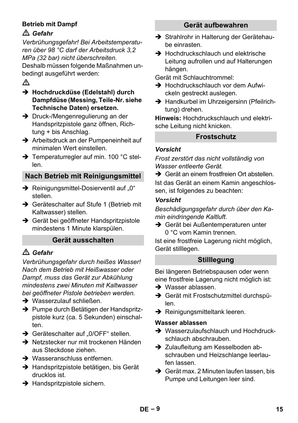 Betrieb mit dampf, Nach betrieb mit reinigungsmittel, Gerät ausschalten | Gerät aufbewahren, Frostschutz, Stilllegung, Wasser ablassen | Karcher HDS 13-20-4 SX User Manual | Page 15 / 472