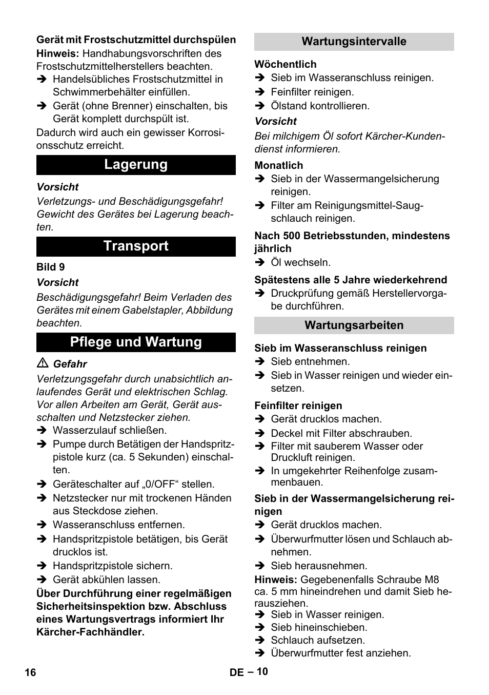 Gerät mit frostschutzmittel durchspülen, Lagerung, Transport | Pflege und wartung, Wartungsintervalle, Wöchentlich, Monatlich, Nach 500 betriebsstunden, mindestens jährlich, Spätestens alle 5 jahre wiederkehrend, Wartungsarbeiten | Karcher HDS 13-20-4 SX User Manual | Page 16 / 472