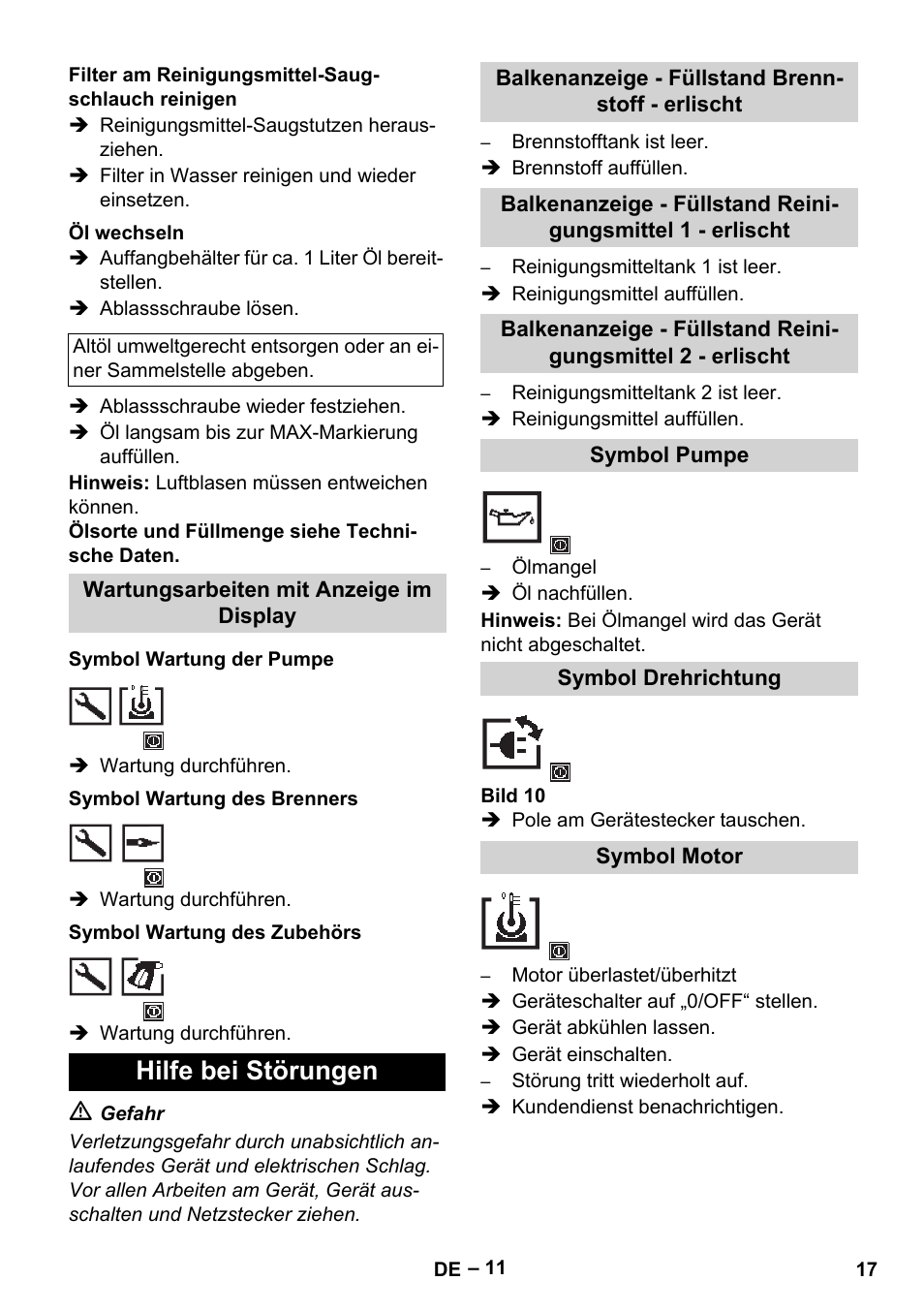 Filter am reinigungsmittel-saugschlauch reinigen, Öl wechseln, Wartungsarbeiten mit anzeige im display | Symbol wartung der pumpe, Symbol wartung des brenners, Symbol wartung des zubehörs, Hilfe bei störungen, Balkenanzeige - füllstand brennstoff - erlischt, Symbol pumpe, Symbol drehrichtung | Karcher HDS 13-20-4 SX User Manual | Page 17 / 472