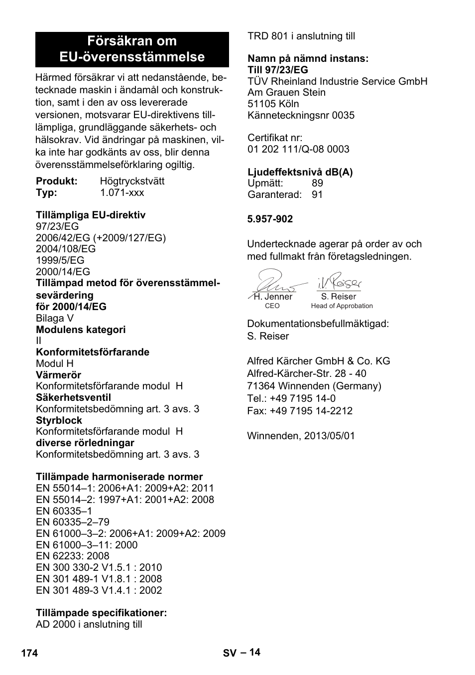 Försäkran om eu-överensstämmelse | Karcher HDS 13-20-4 SX User Manual | Page 174 / 472