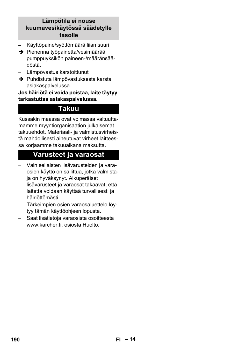 Takuu, Varusteet ja varaosat, Takuu varusteet ja varaosat | Karcher HDS 13-20-4 SX User Manual | Page 190 / 472