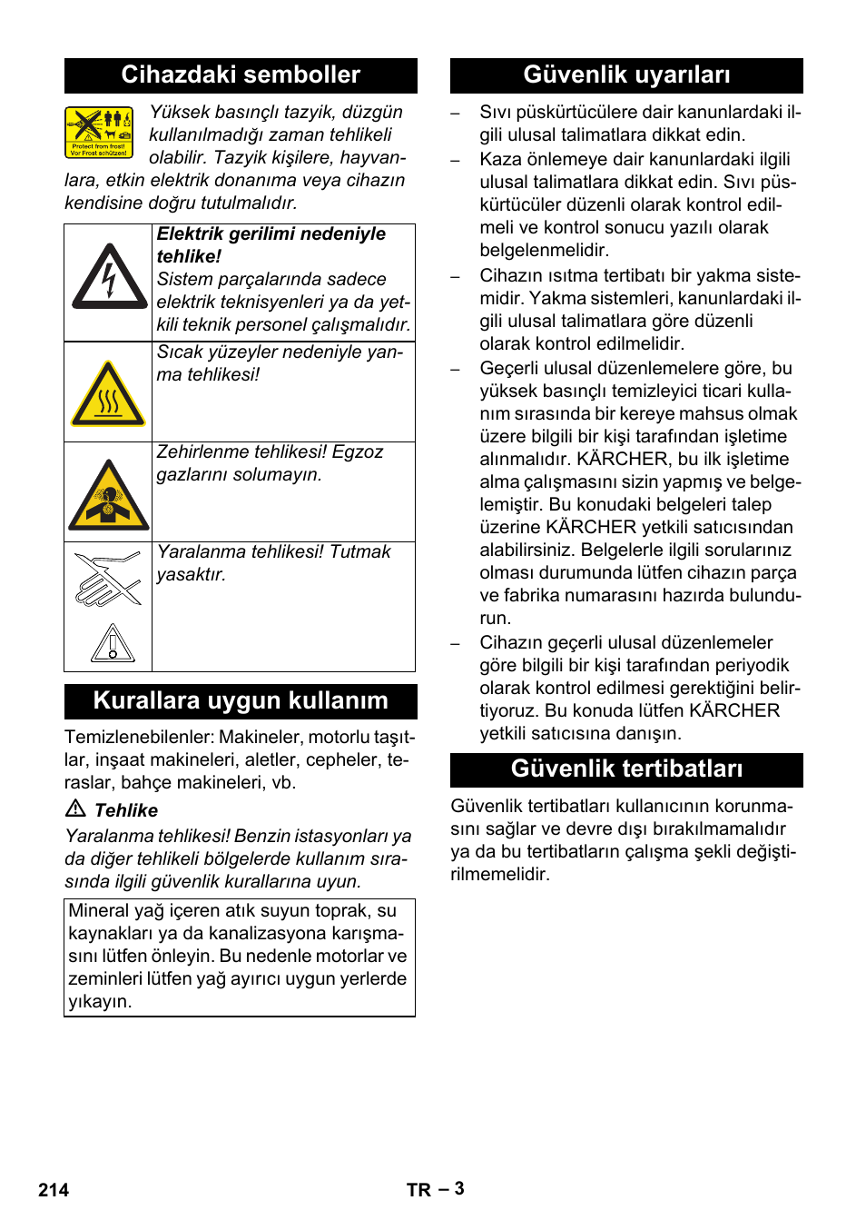 Cihazdaki semboller, Kurallara uygun kullanım, Güvenlik uyarıları | Güvenlik tertibatları, Güvenlik uyarıları güvenlik tertibatları | Karcher HDS 13-20-4 SX User Manual | Page 214 / 472