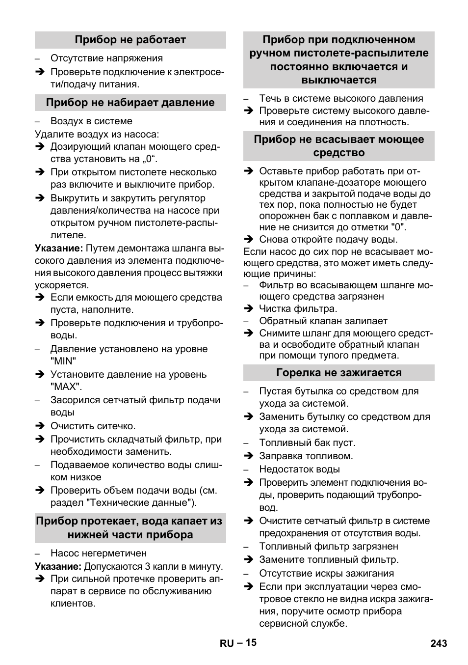 Прибор не работает, Прибор не набирает давление, Прибор не всасывает моющее средство | Горелка не зажигается | Karcher HDS 13-20-4 SX User Manual | Page 243 / 472