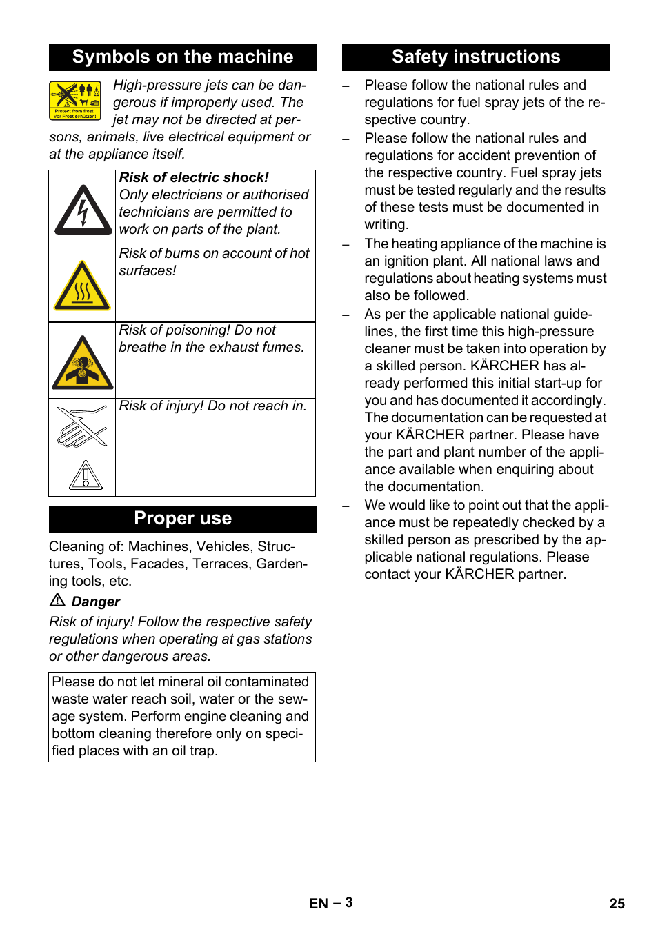 Symbols on the machine, Proper use, Safety instructions | Karcher HDS 13-20-4 SX User Manual | Page 25 / 472