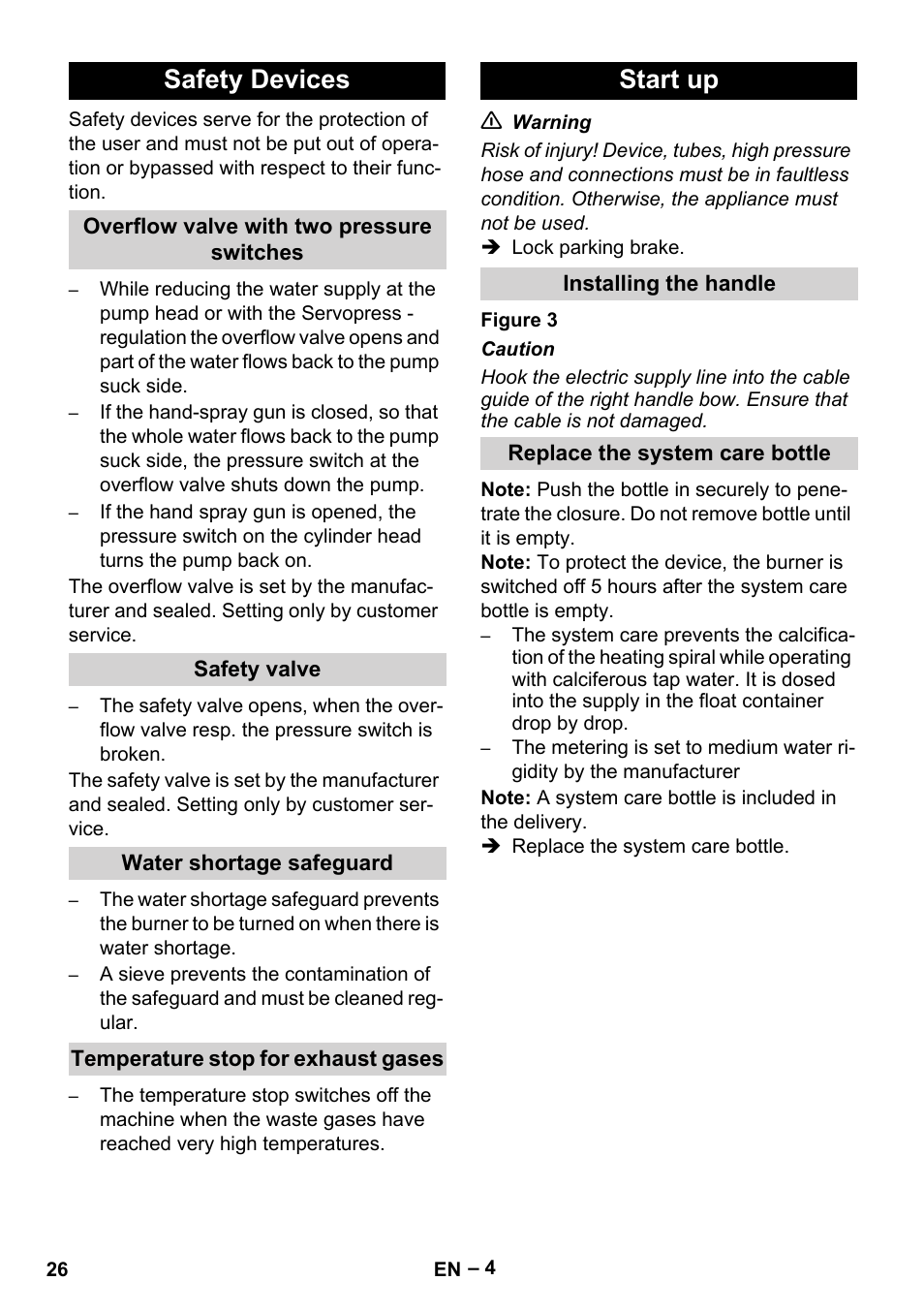 Safety devices, Overflow valve with two pressure switches, Safety valve | Water shortage safeguard, Temperature stop for exhaust gases, Start up, Installing the handle, Replace the system care bottle | Karcher HDS 13-20-4 SX User Manual | Page 26 / 472