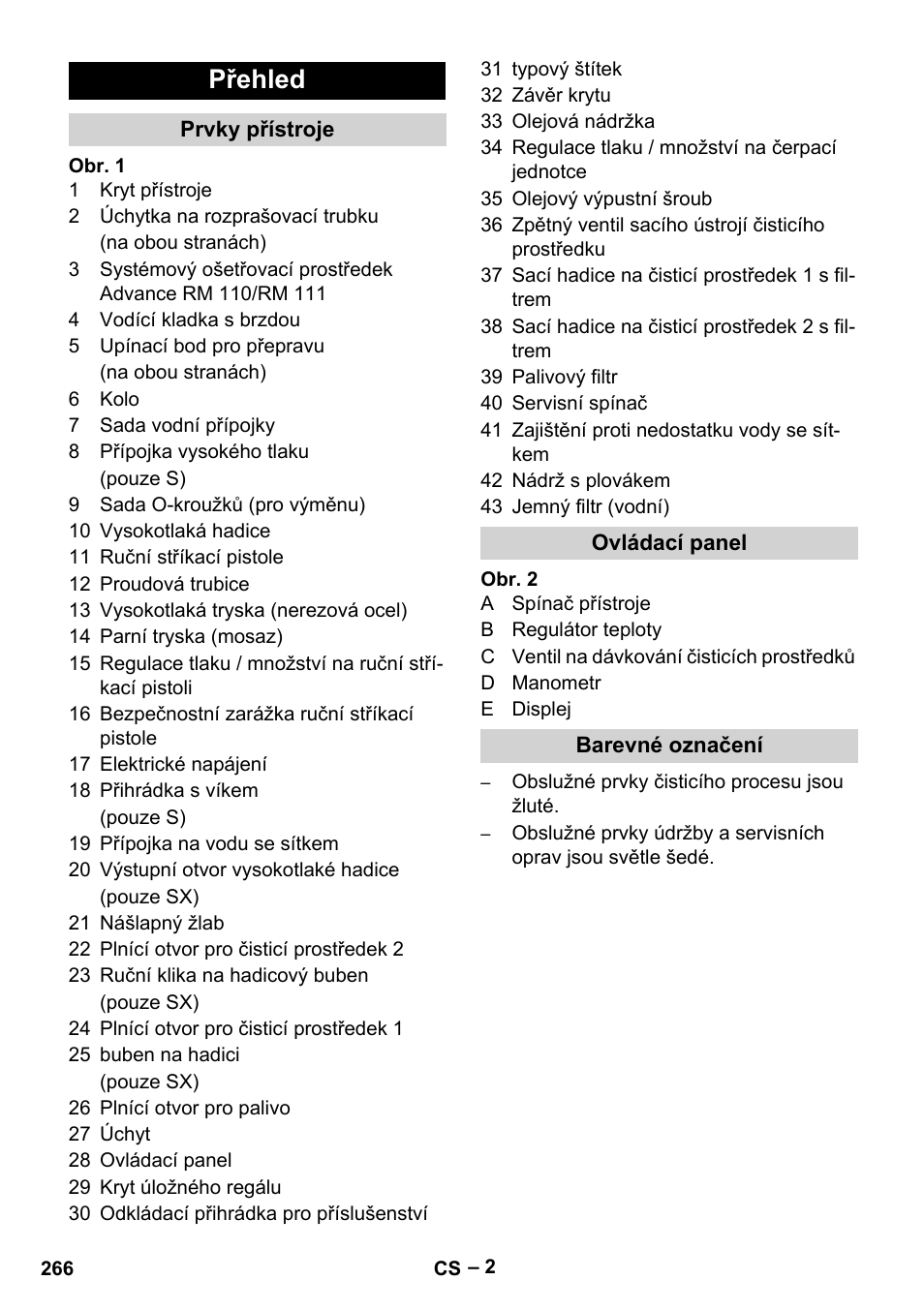 Přehled, Prvky přístroje, Ovládací panel | Barevné označení | Karcher HDS 13-20-4 SX User Manual | Page 266 / 472