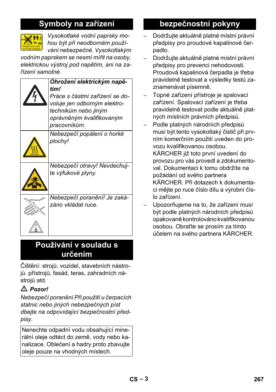 Symboly na zařízení, Používání v souladu s určením, Bezpečnostní pokyny | Karcher HDS 13-20-4 SX User Manual | Page 267 / 472