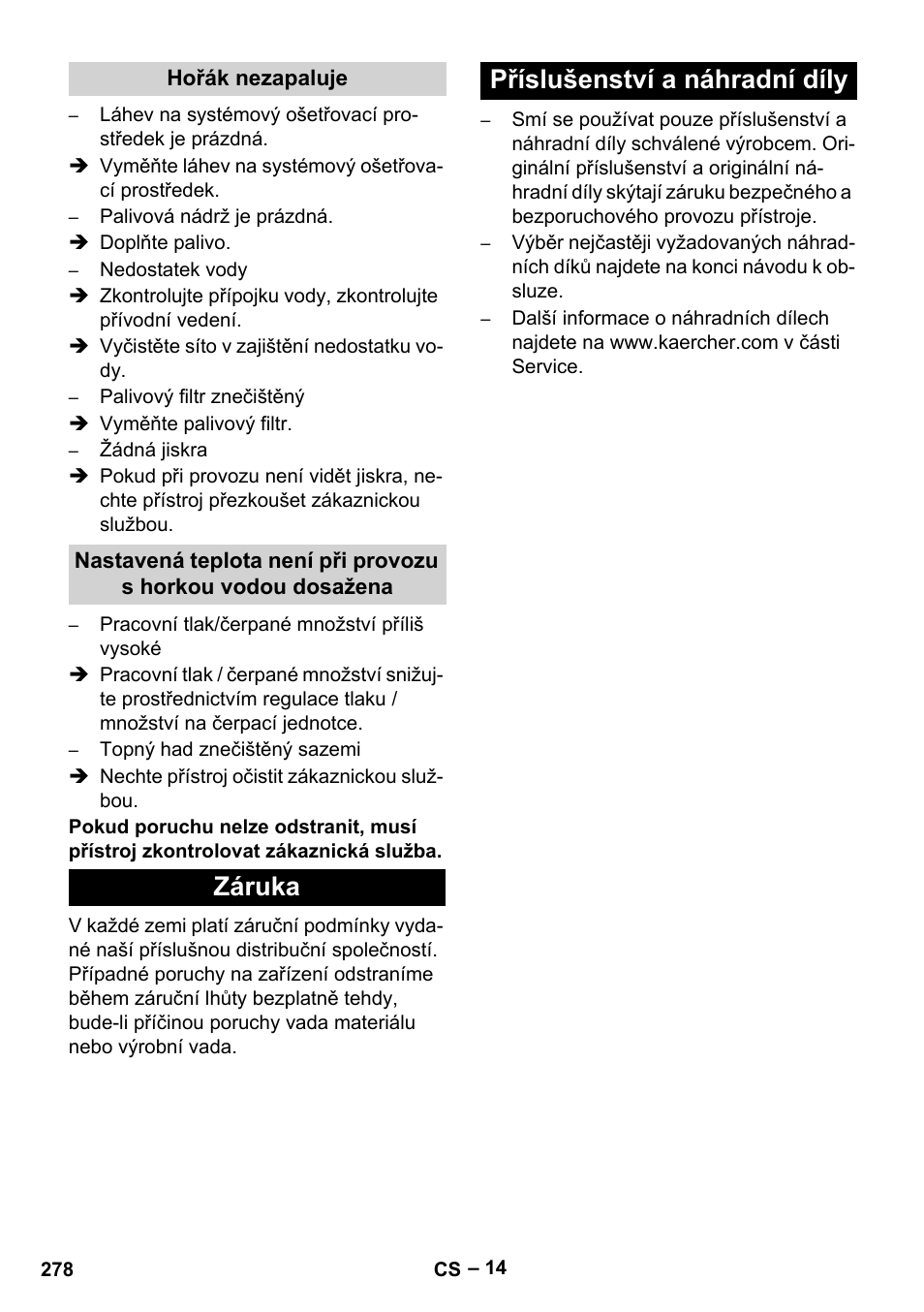 Hořák nezapaluje, Záruka, Příslušenství a náhradní díly | Záruka příslušenství a náhradní díly | Karcher HDS 13-20-4 SX User Manual | Page 278 / 472