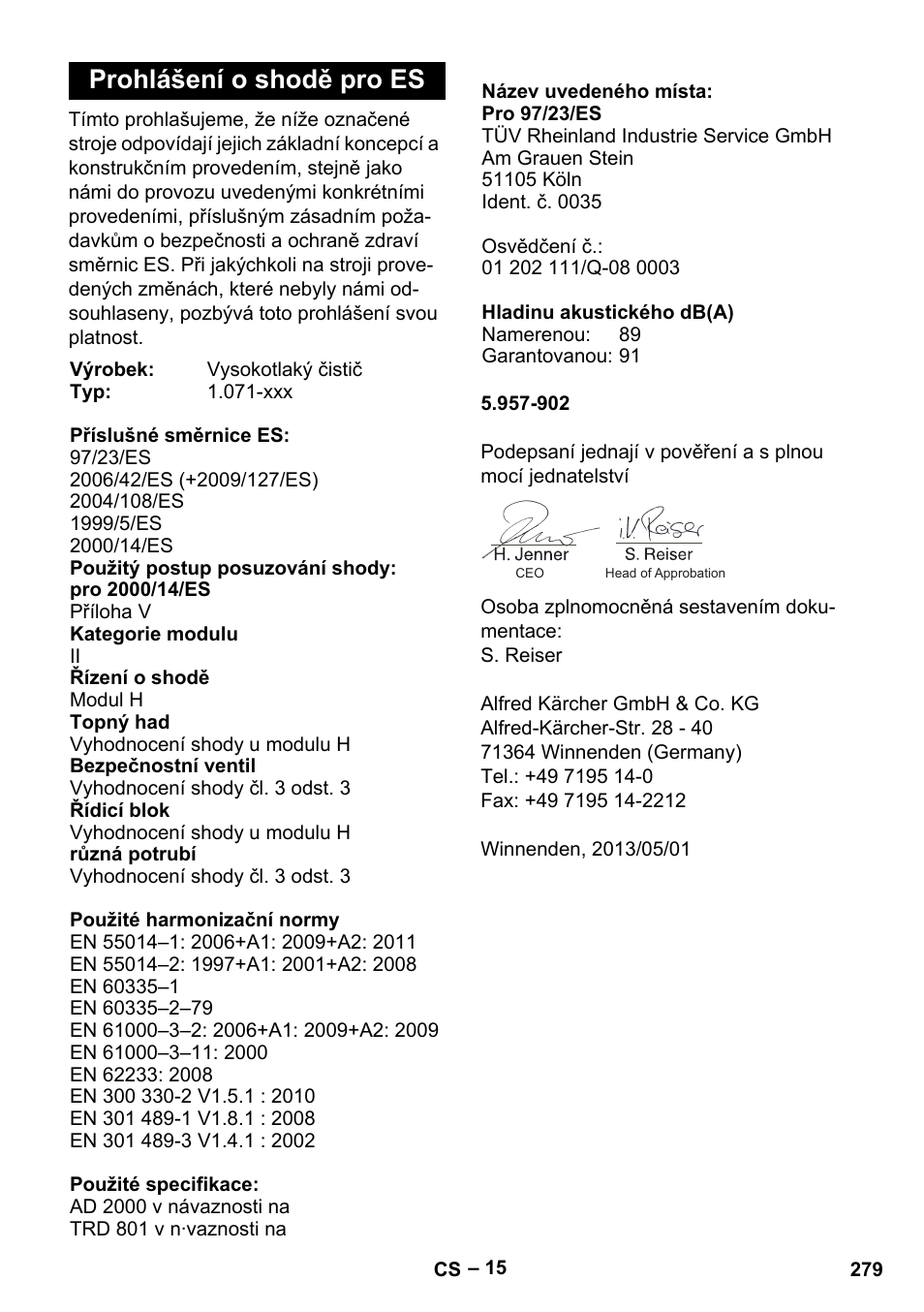 Prohlášení o shodě pro es | Karcher HDS 13-20-4 SX User Manual | Page 279 / 472