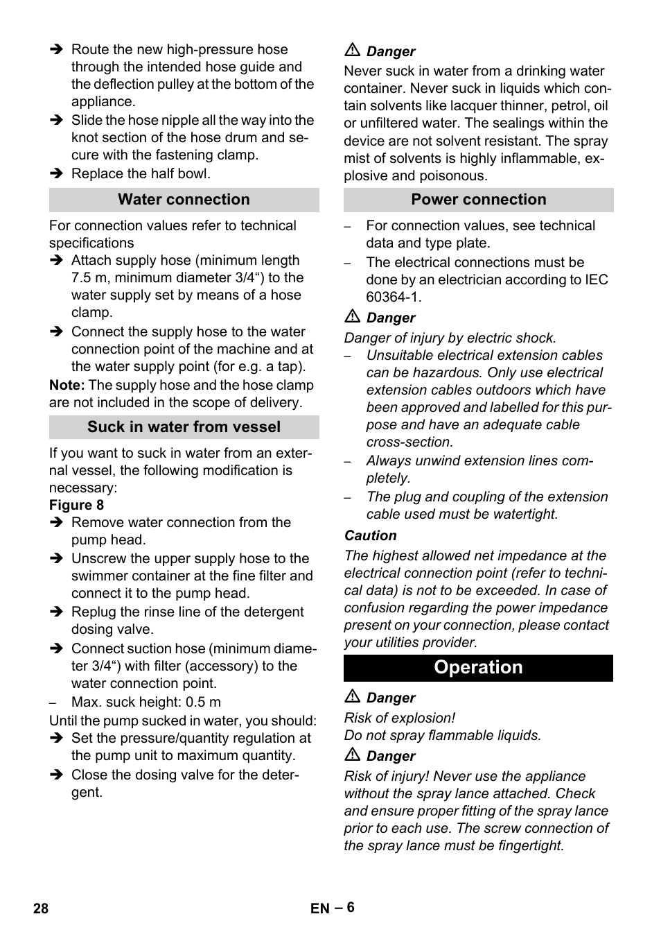 Water connection, Suck in water from vessel, Power connection | Operation | Karcher HDS 13-20-4 SX User Manual | Page 28 / 472