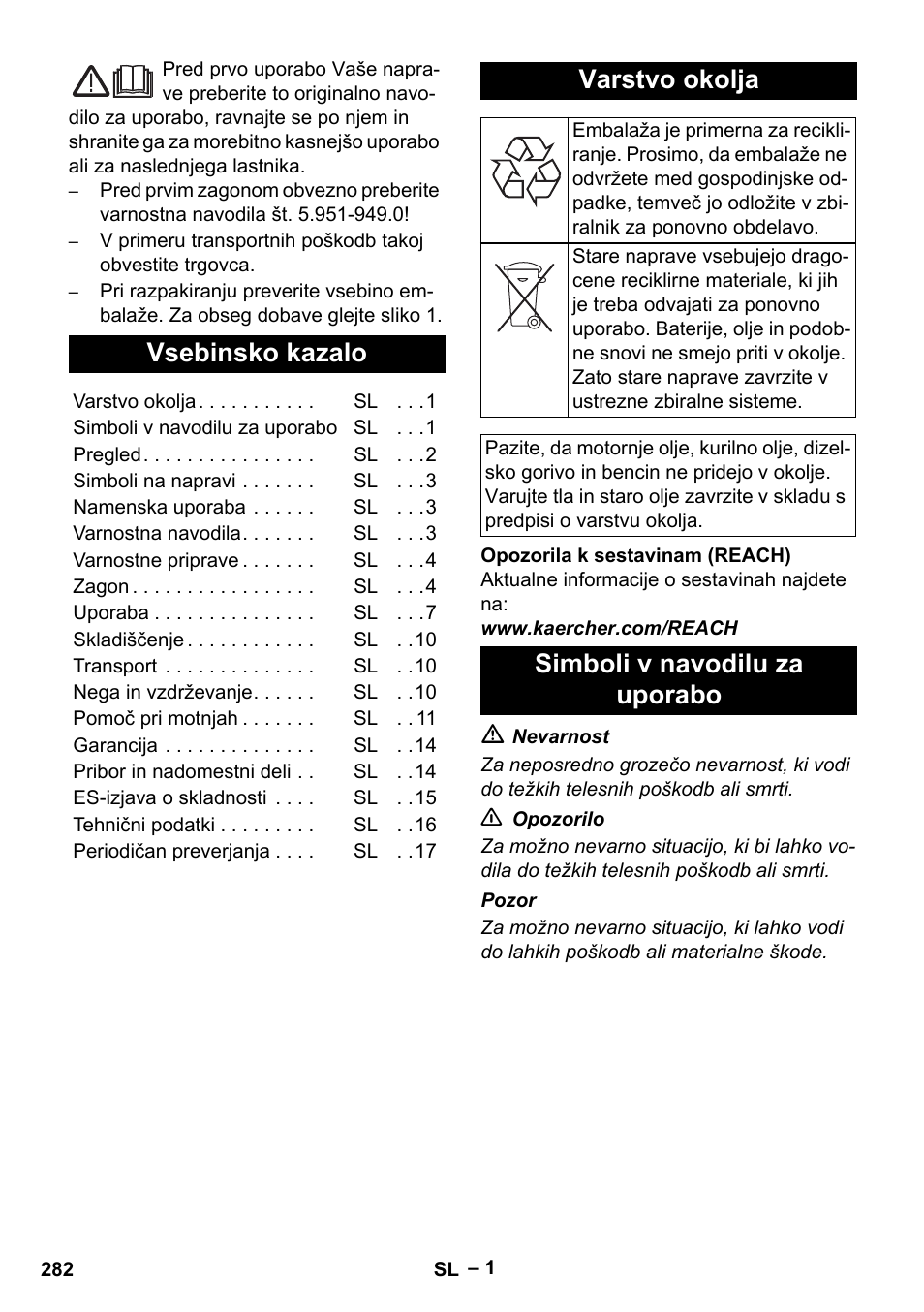 Slovenščina, Vsebinsko kazalo, Varstvo okolja | Simboli v navodilu za uporabo | Karcher HDS 13-20-4 SX User Manual | Page 282 / 472