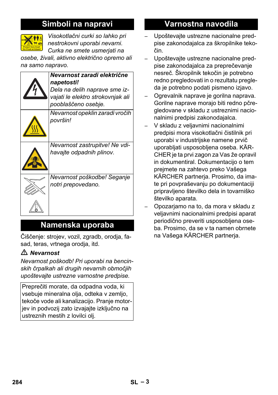 Simboli na napravi, Namenska uporaba, Varnostna navodila | Karcher HDS 13-20-4 SX User Manual | Page 284 / 472