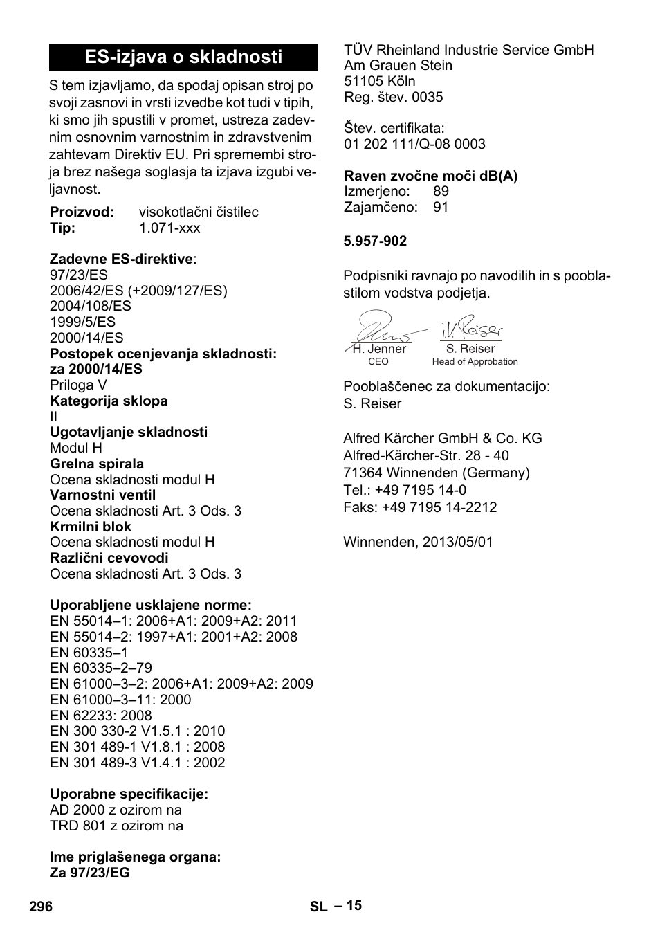 Es-izjava o skladnosti | Karcher HDS 13-20-4 SX User Manual | Page 296 / 472