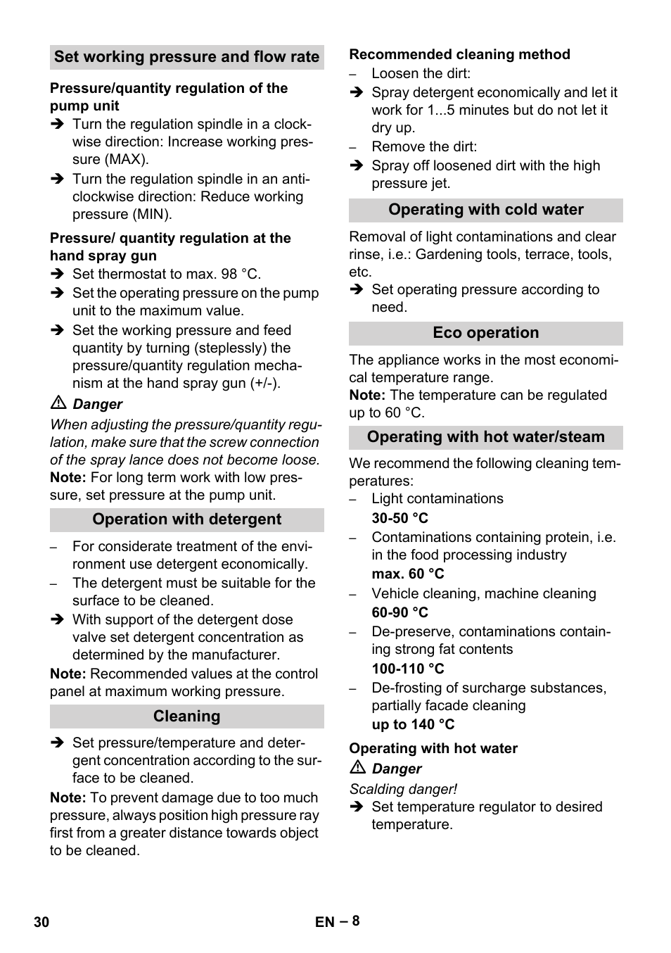 Set working pressure and flow rate, Pressure/quantity regulation of the pump unit, Operation with detergent | Cleaning, Recommended cleaning method, Operating with cold water, Eco operation, Operating with hot water/steam, Operating with hot water | Karcher HDS 13-20-4 SX User Manual | Page 30 / 472