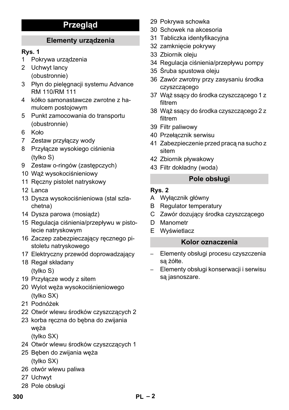 Przegląd, Elementy urządzenia, Pole obsługi | Kolor oznaczenia | Karcher HDS 13-20-4 SX User Manual | Page 300 / 472