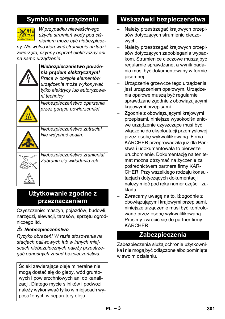 Symbole na urządzeniu, Użytkowanie zgodne z przeznaczeniem, Wskazówki bezpieczeństwa | Zabezpieczenia, Wskazówki bezpieczeństwa zabezpieczenia | Karcher HDS 13-20-4 SX User Manual | Page 301 / 472