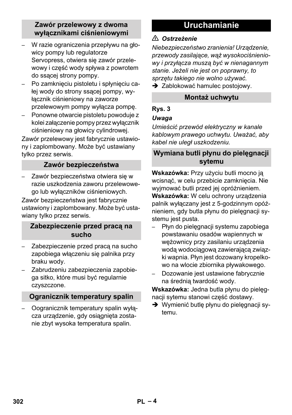 Zawór bezpieczeństwa, Zabezpieczenie przed pracą na sucho, Ogranicznik temperatury spalin | Uruchamianie, Montaż uchwytu, Wymiana butli płynu do pielęgnacji sytemu | Karcher HDS 13-20-4 SX User Manual | Page 302 / 472