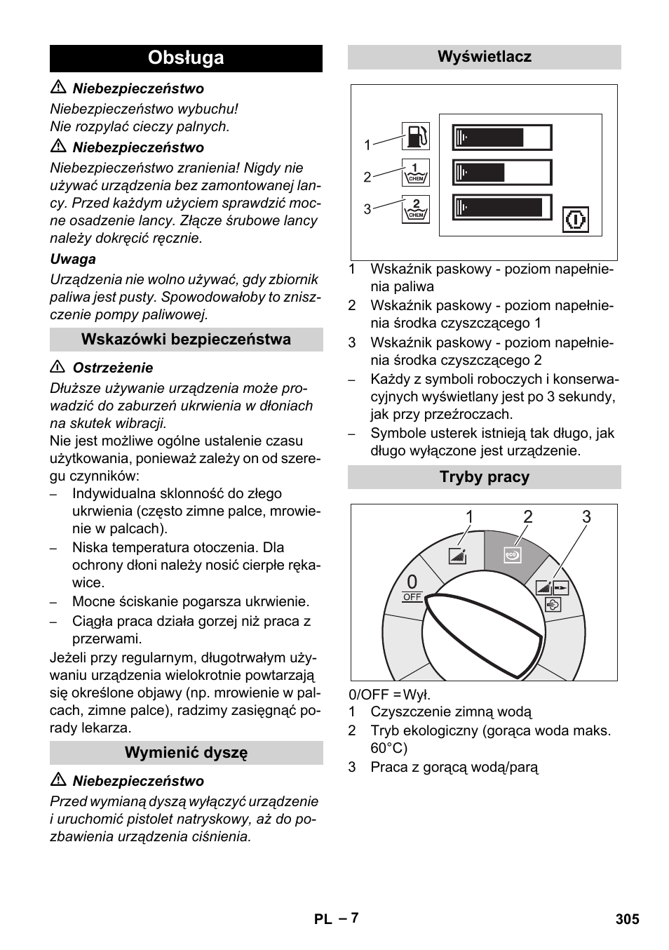 Obsługa, Wskazówki bezpieczeństwa, Wymienić dyszę | Wyświetlacz, Tryby pracy | Karcher HDS 13-20-4 SX User Manual | Page 305 / 472