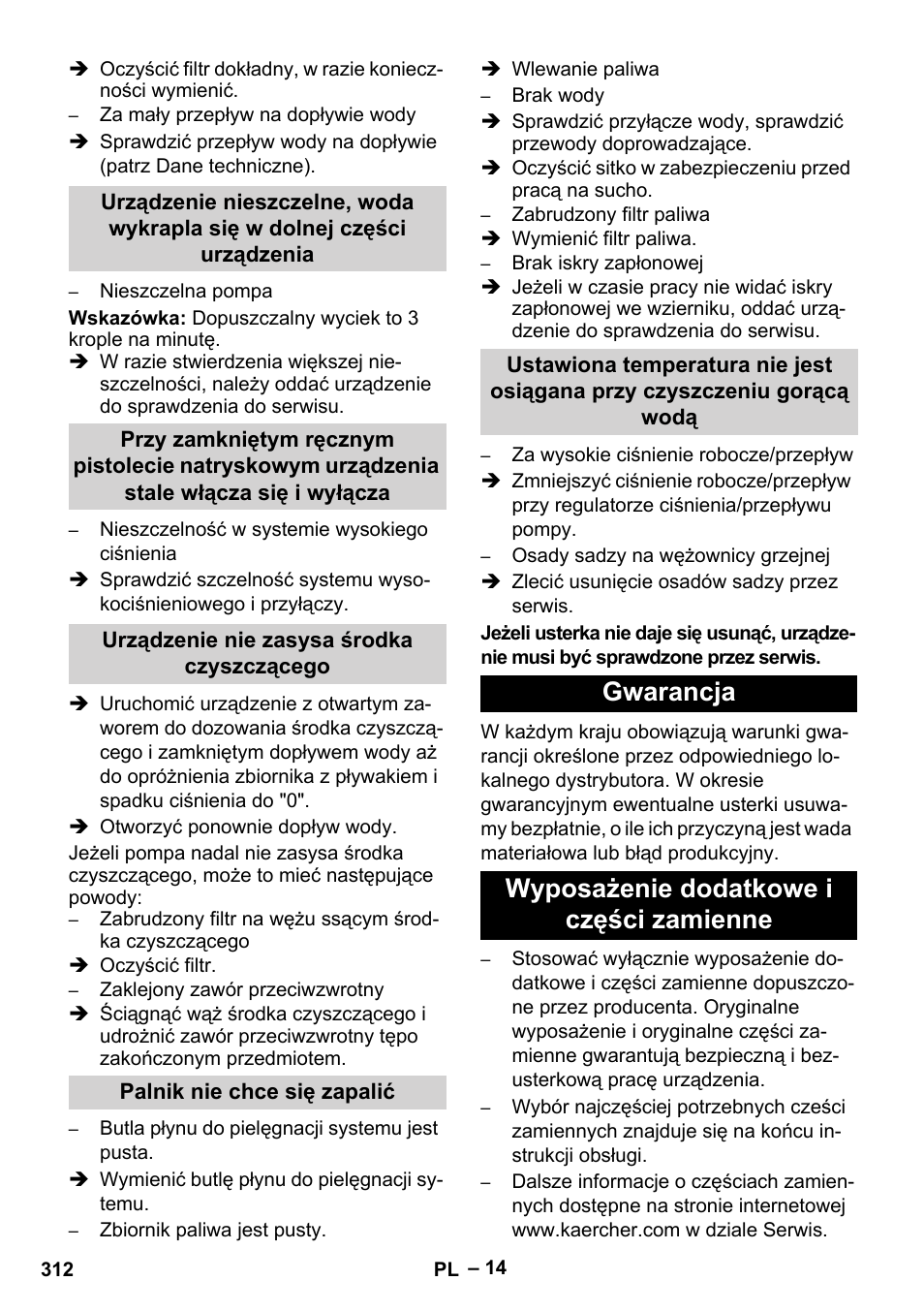 Urządzenie nie zasysa środka czyszczącego, Palnik nie chce się zapalić, Gwarancja | Wyposażenie dodatkowe i części zamienne, Gwarancja wyposażenie dodatkowe i części zamienne | Karcher HDS 13-20-4 SX User Manual | Page 312 / 472