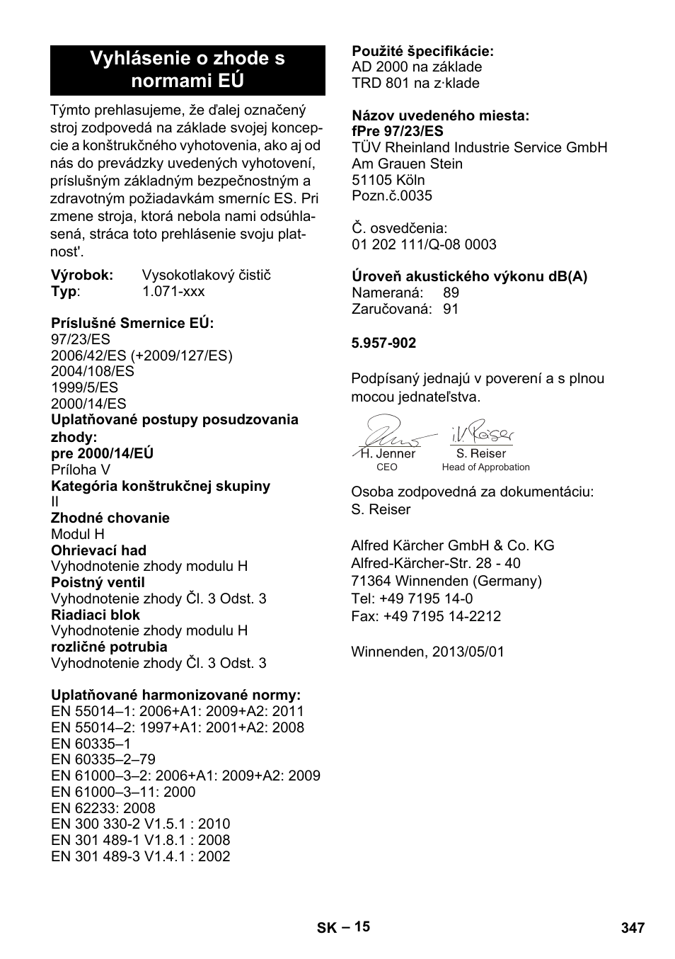 Vyhlásenie o zhode s normami eú | Karcher HDS 13-20-4 SX User Manual | Page 347 / 472